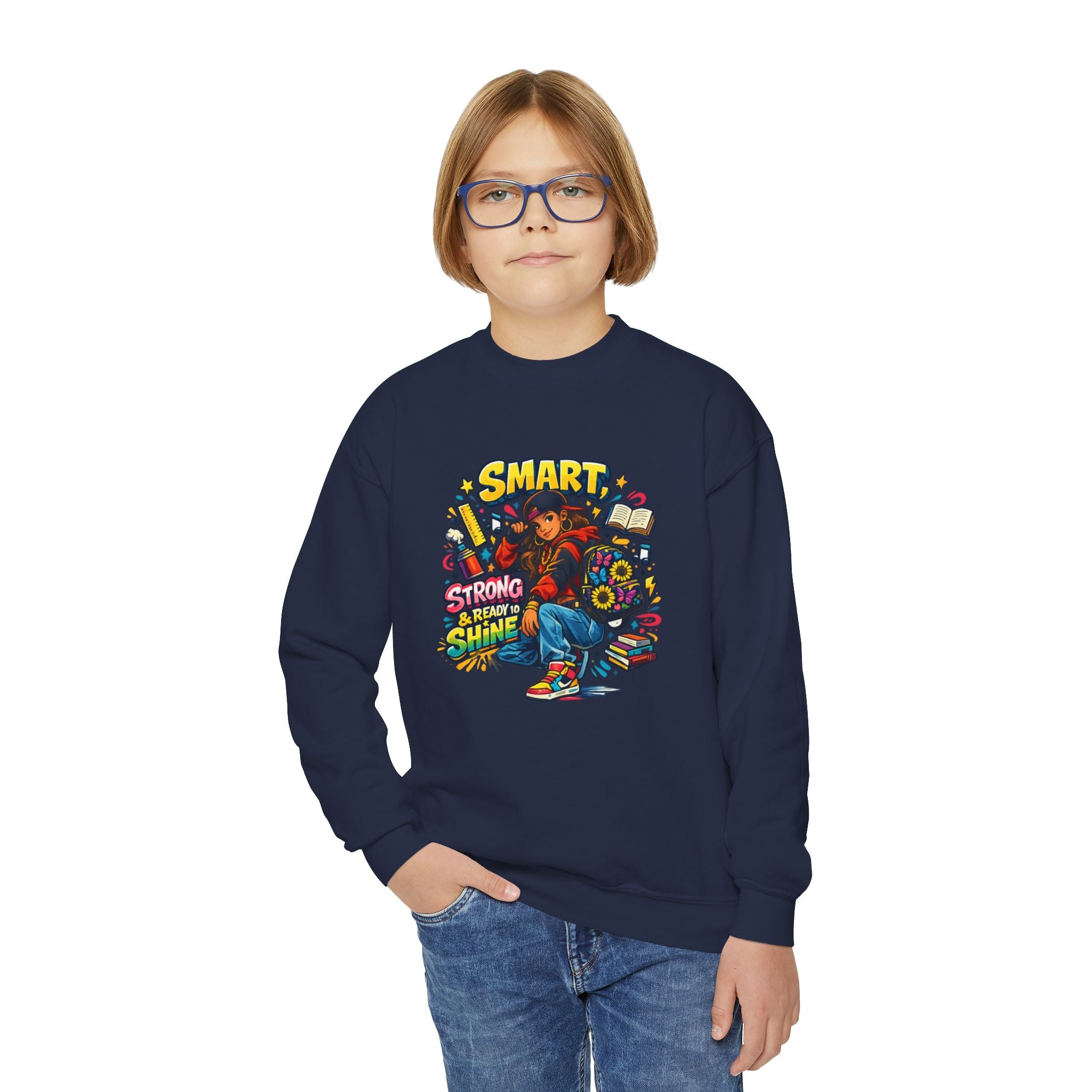 Youth Crewneck Sweatshirt — "Smart, Strong & Brave" Colorful Skateboard Graphic