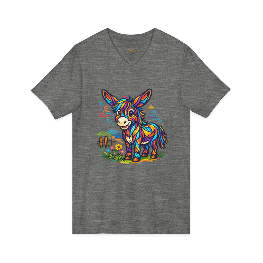 Colorful Donkey V-Neck Tee — Whimsical Farm Animal Graphic Shirt