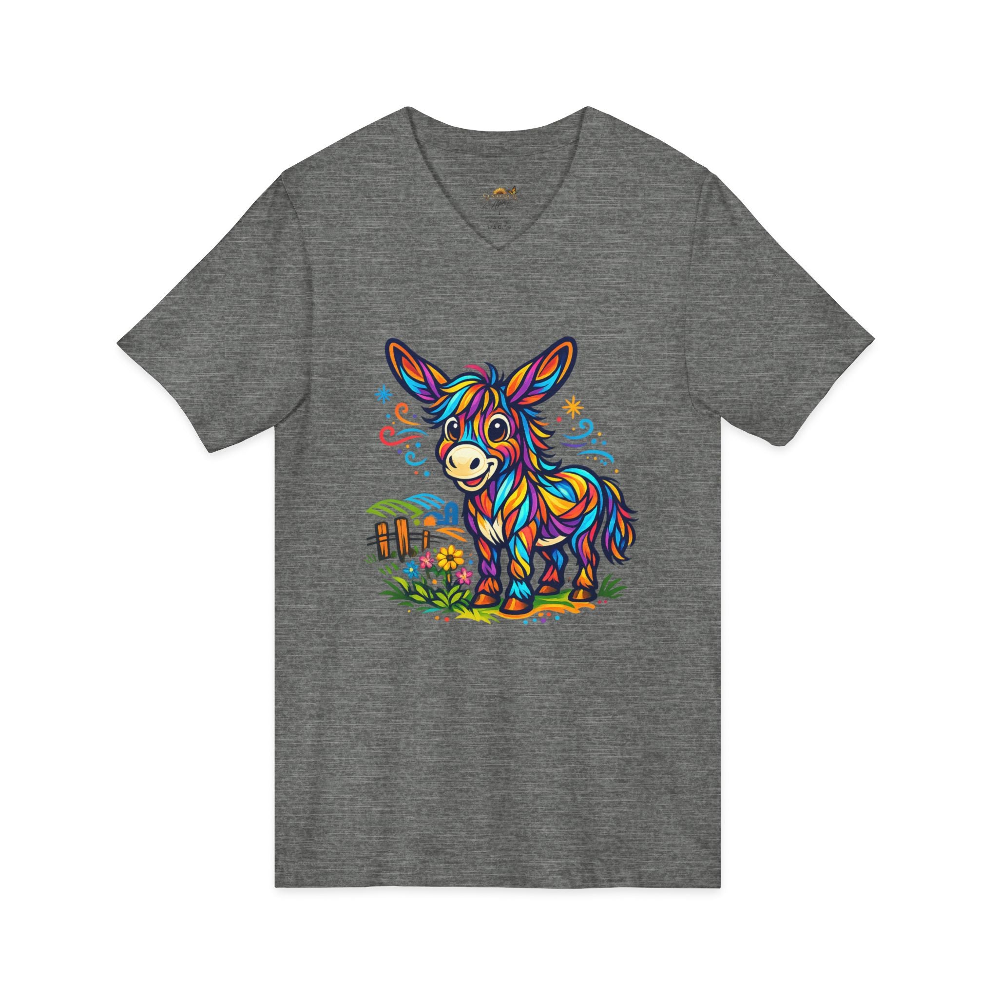 Colorful Donkey V-Neck Tee — Whimsical Farm Animal Graphic Shirt