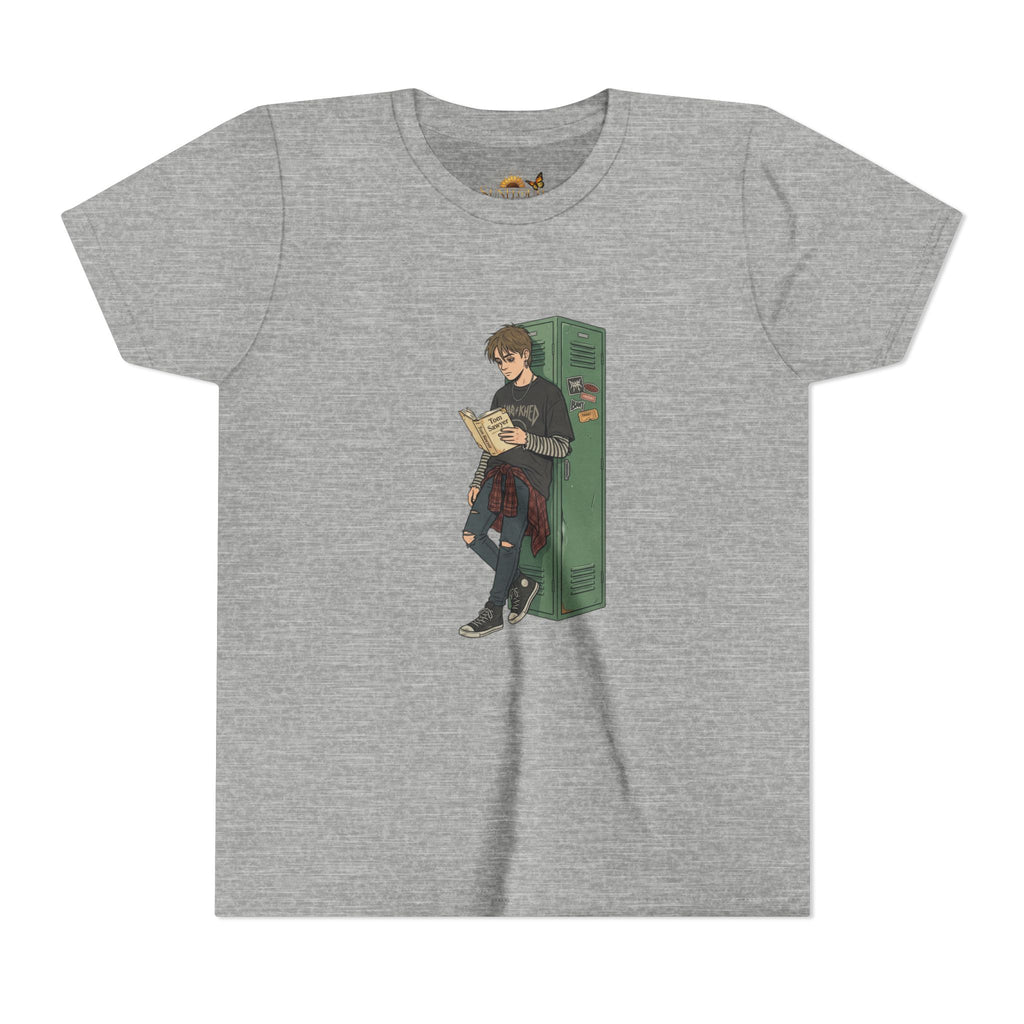 Youth Graphic Tee — Teen Boy Reading by Locker Illustration