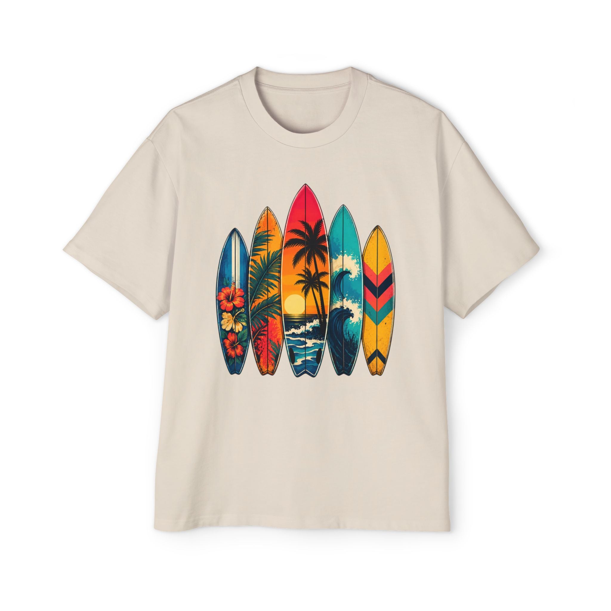 Surfboard Graphic Tee — Vintage Tropical Beach Shirt for Men