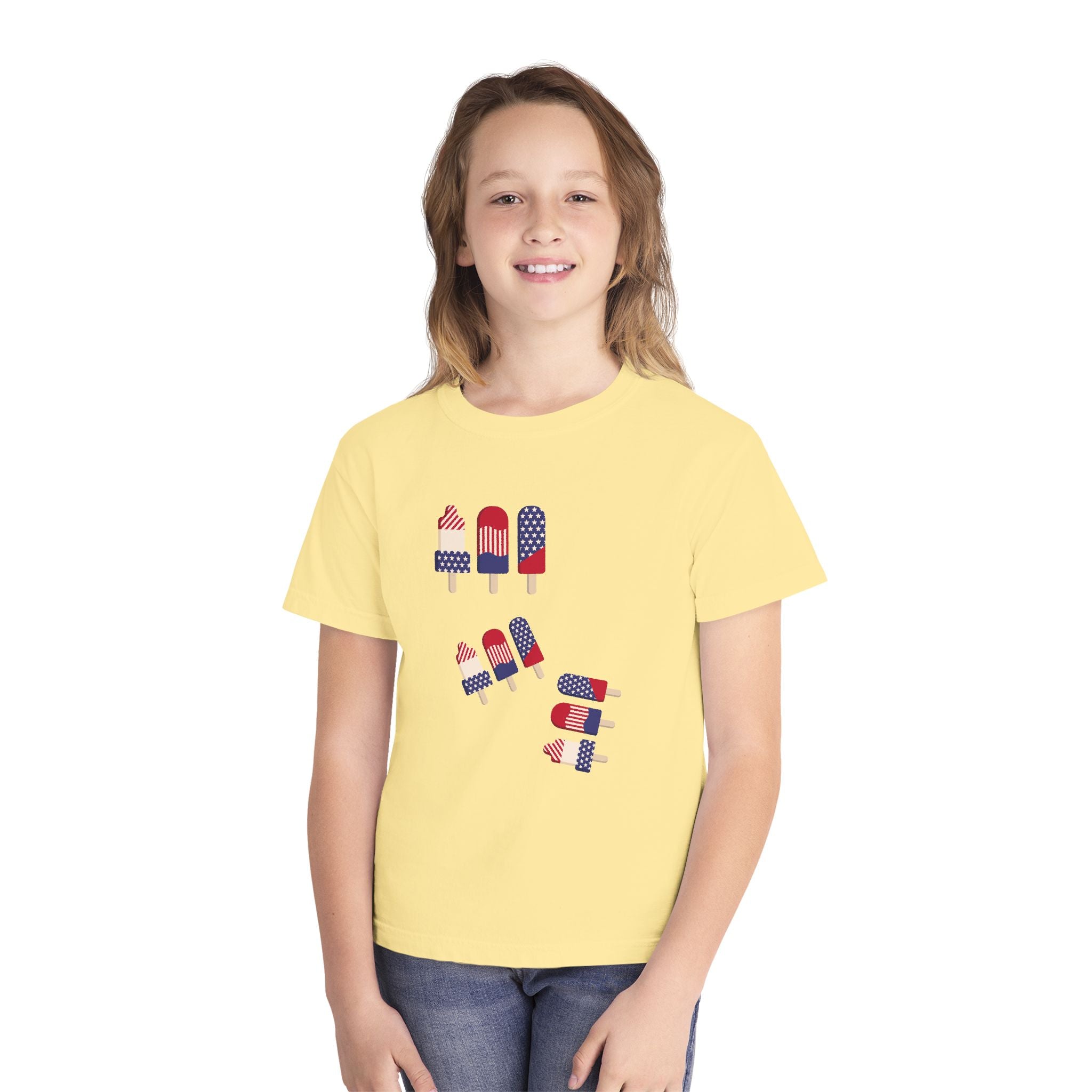 Youth Ice Pop Tee — Patriotic American Flag Popsicle Kids T‑Shirt (Custom Name Option)
