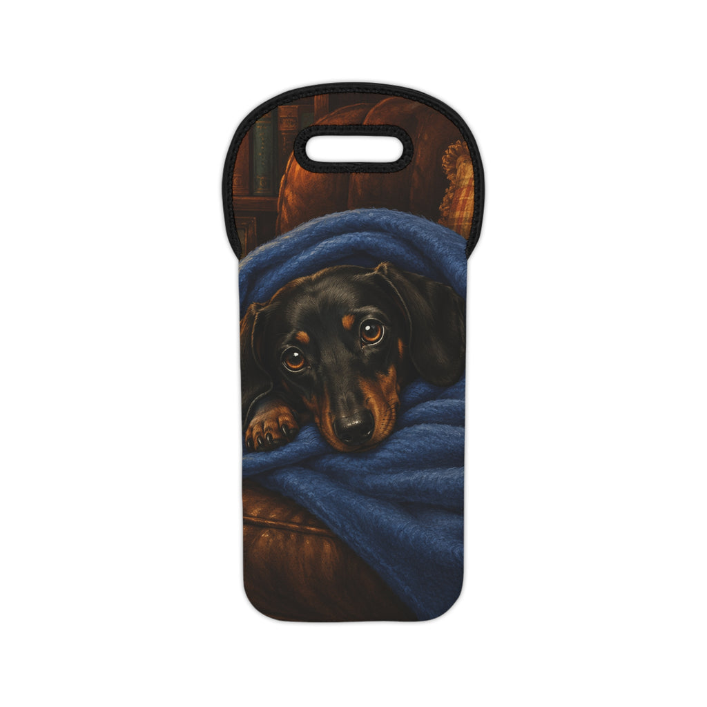 Dachshund Cozy Wine Tote – Cute Dog Wine Bag with Blue Blanket Design