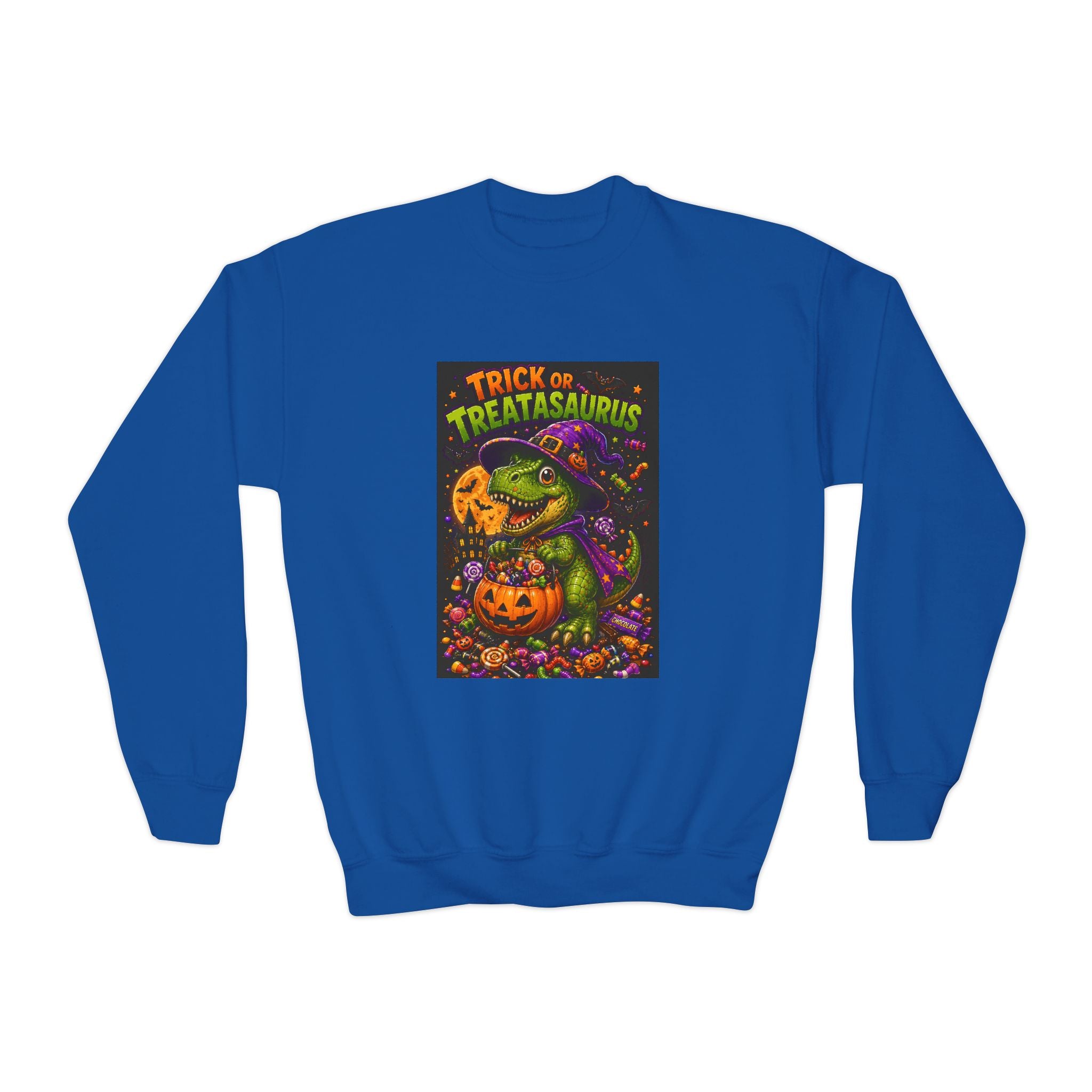 Youth Halloween Sweatshirt — "Trick or Treatasaurus" Dino Pumpkin Crewneck