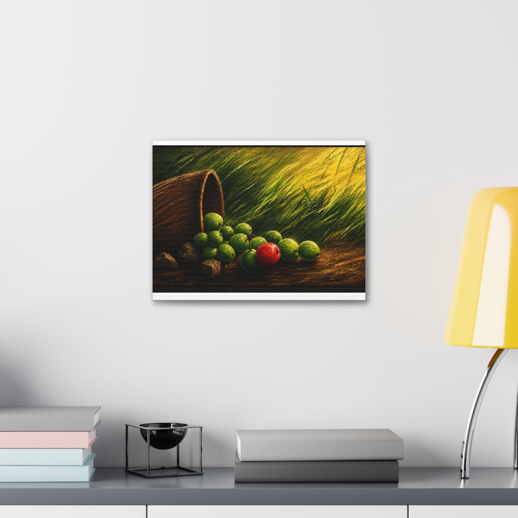 Still Life Canvas Print – Rustic Fallen Basket with Green and Red Fruit, Stretched 1.5"