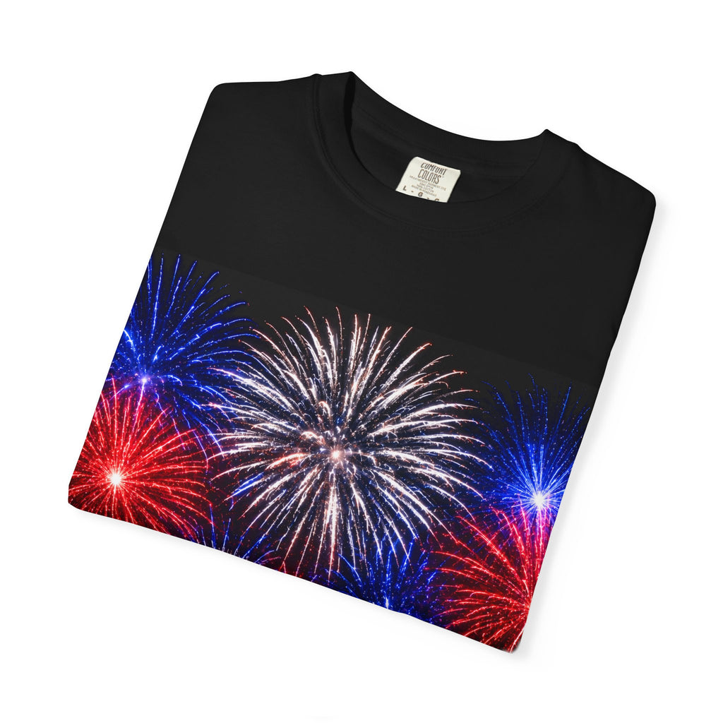 Fireworks Celebration T-Shirt — Red, White & Blue Festival Graphic