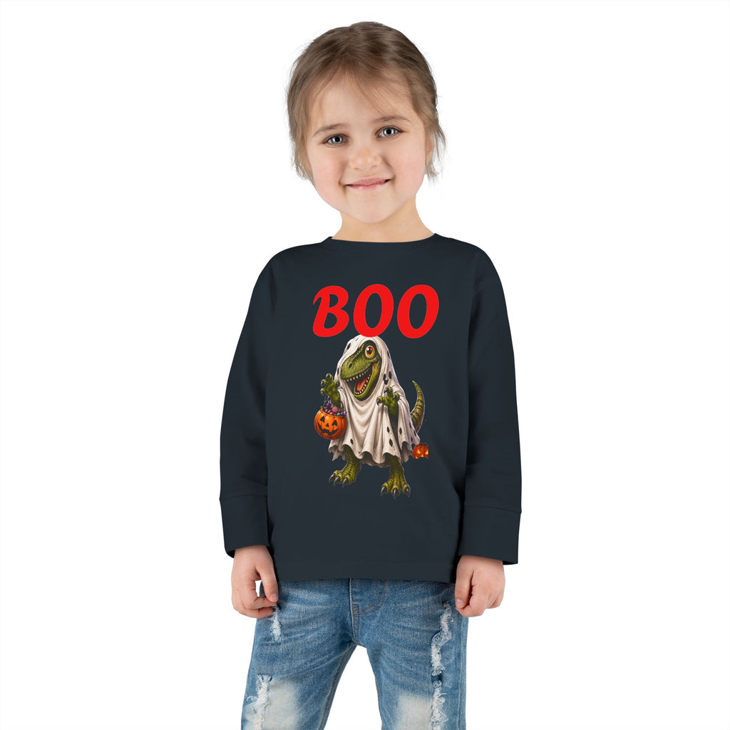 Halloween Toddler Long Sleeve Tee — Cute Dinosaur Ghost "BOO!" Halloween Shirt