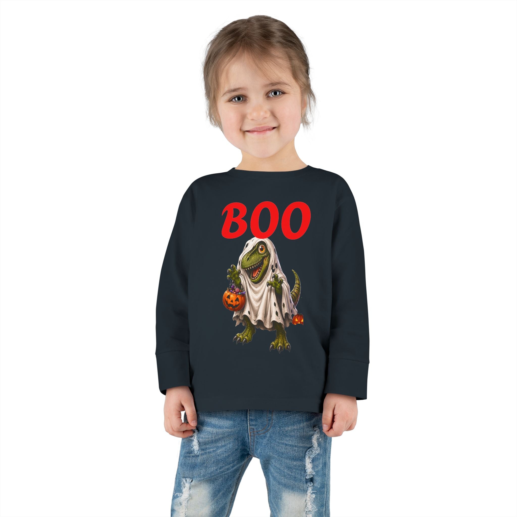 Halloween Toddler Long Sleeve Tee — Cute Dinosaur Ghost "BOO!" Halloween Shirt