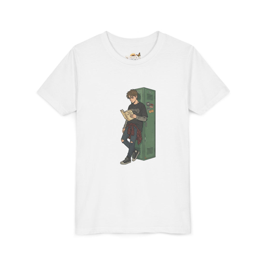 Youth Graphic Tee — Teen Boy Reading by Locker Illustration