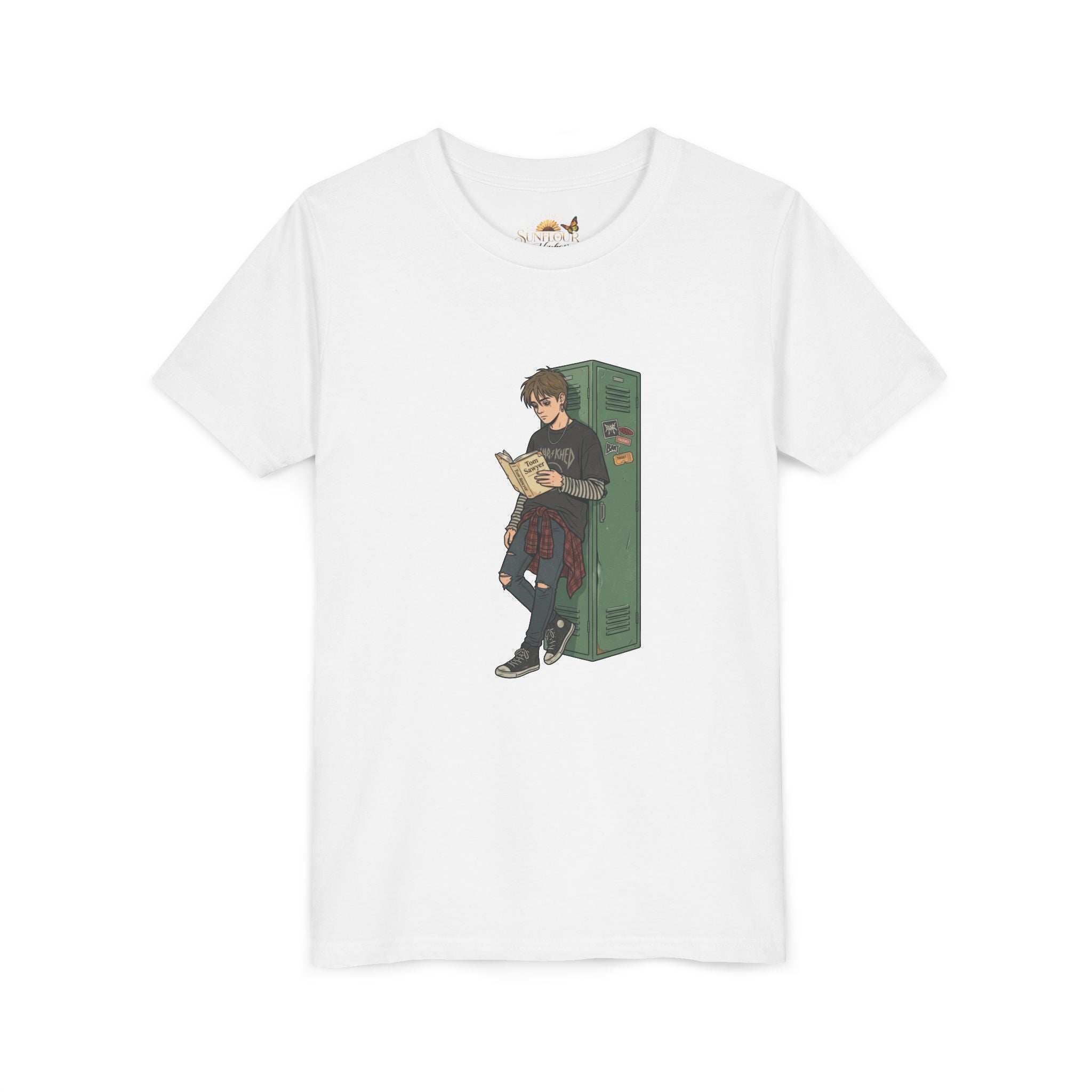 Youth Graphic Tee — Teen Boy Reading by Locker Illustration