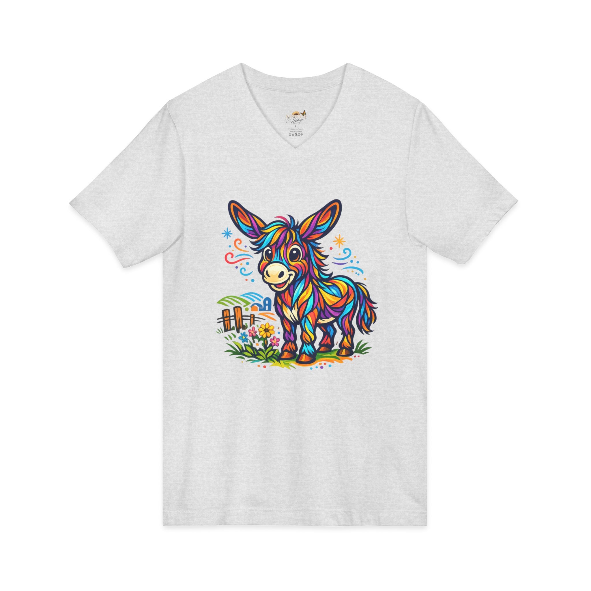 Colorful Donkey V-Neck Tee — Whimsical Farm Animal Graphic Shirt