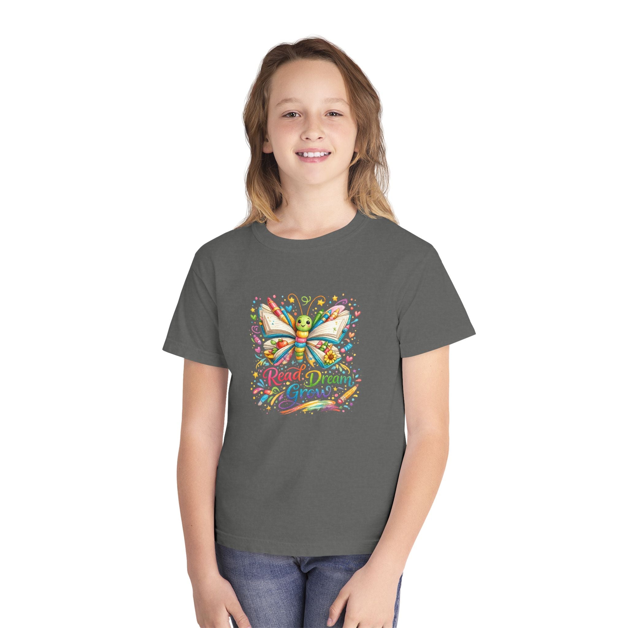 Youth Tee — Colorful Butterfly "Read Dream Grow" Kids Shirt