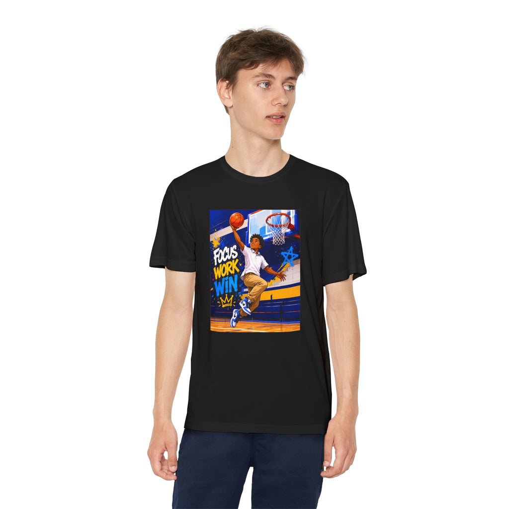Youth Basketball Tee, Back to School — "Focus Work Win" Personalized Name Jersey