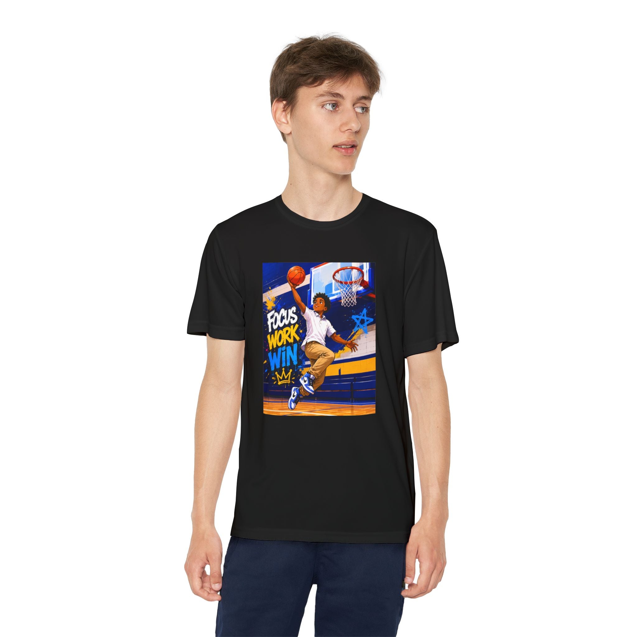 Youth Basketball Tee, Back to School — "Focus Work Win" Personalized Name Jersey