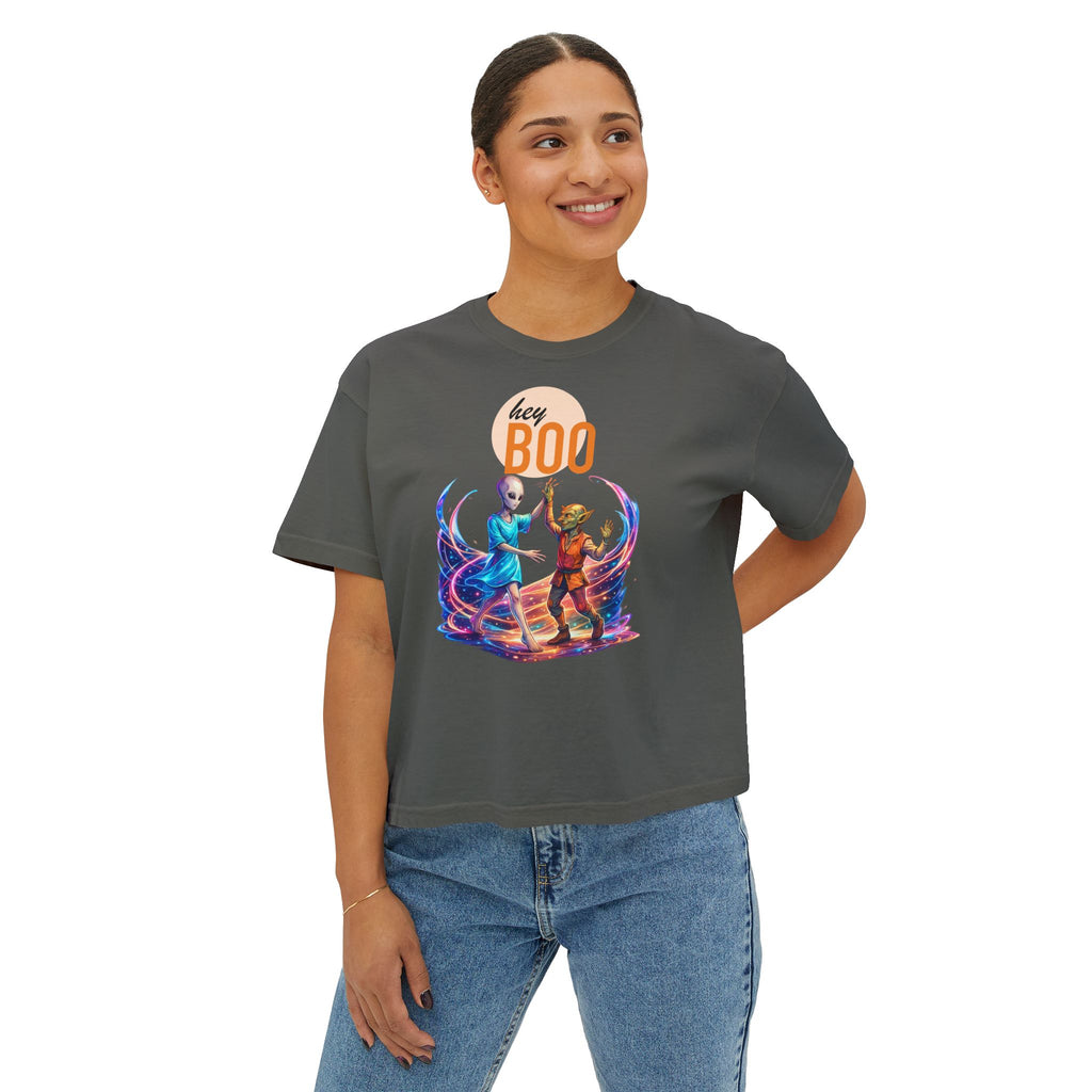 Hey Boo Halloween Tee — Outer Space Dance Couple Graphic Boxy Tee