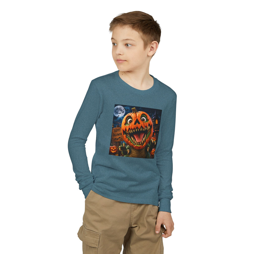 Youth Long Sleeve Tee — Spooky Dinosaur Jack-O'-Lantern Halloween Shirt (Custom Name)