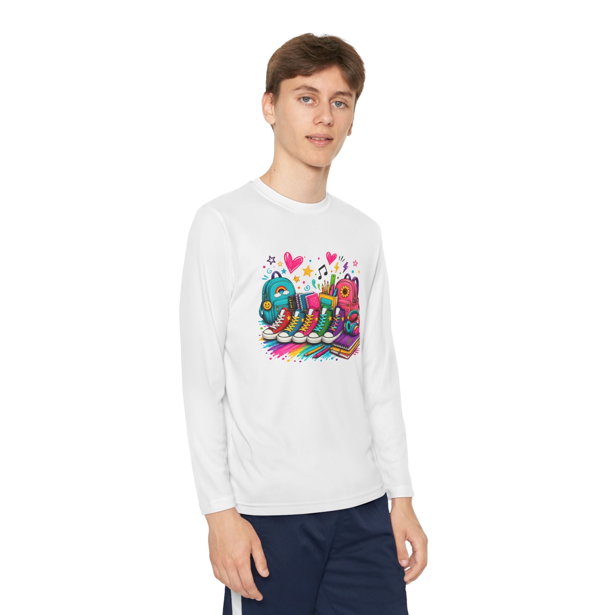 Youth Long Sleeve Tee — Colorful Sneaker Party Graphic