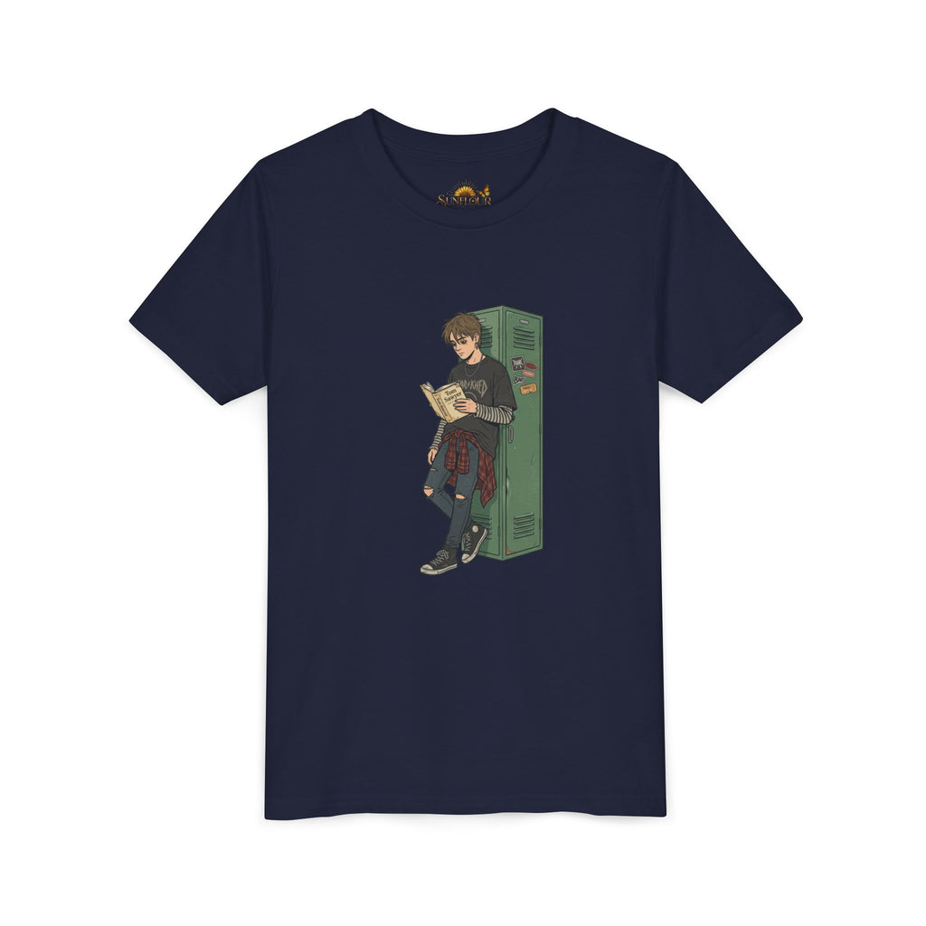 Youth Graphic Tee — Teen Boy Reading by Locker Illustration