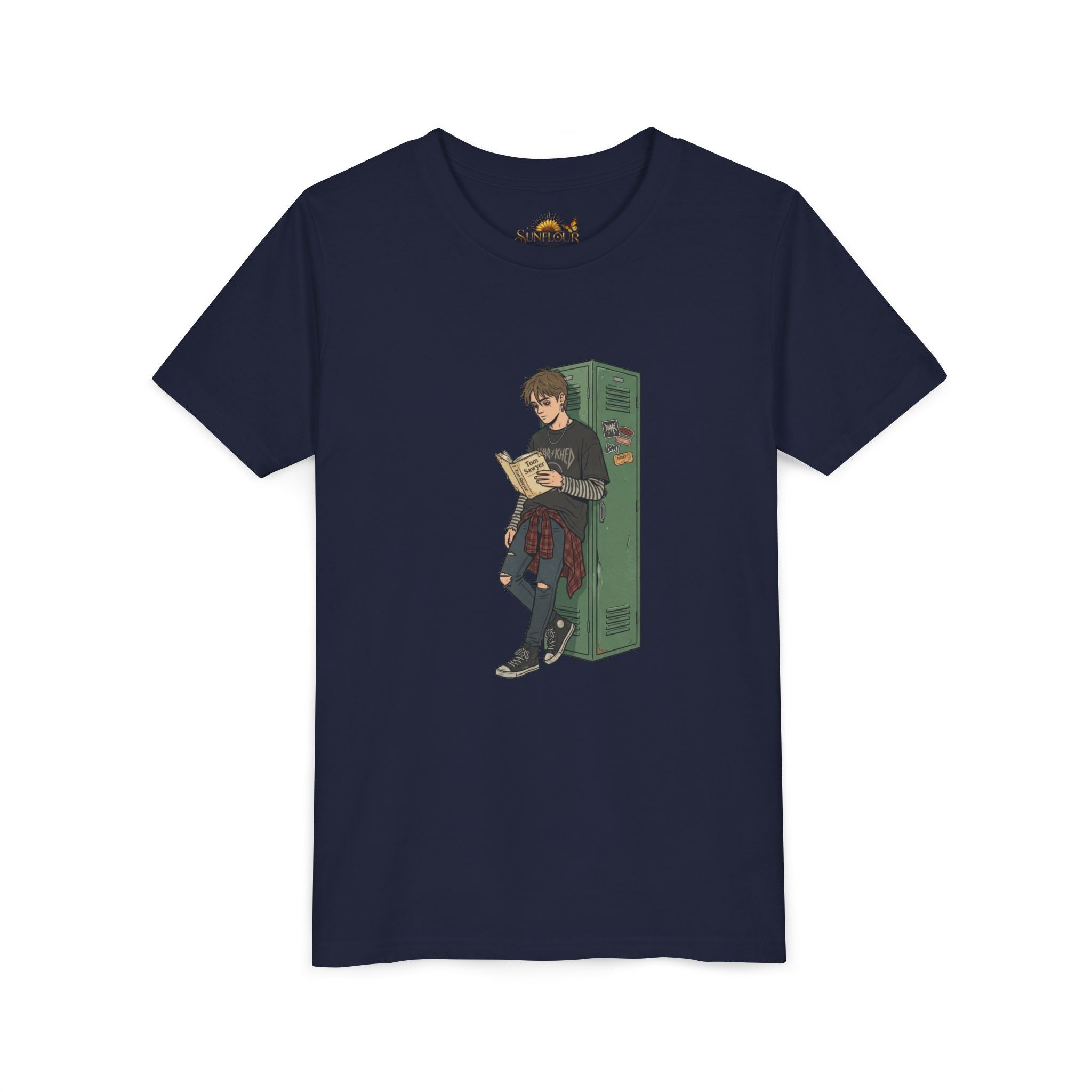 Youth Graphic Tee — Teen Boy Reading by Locker Illustration