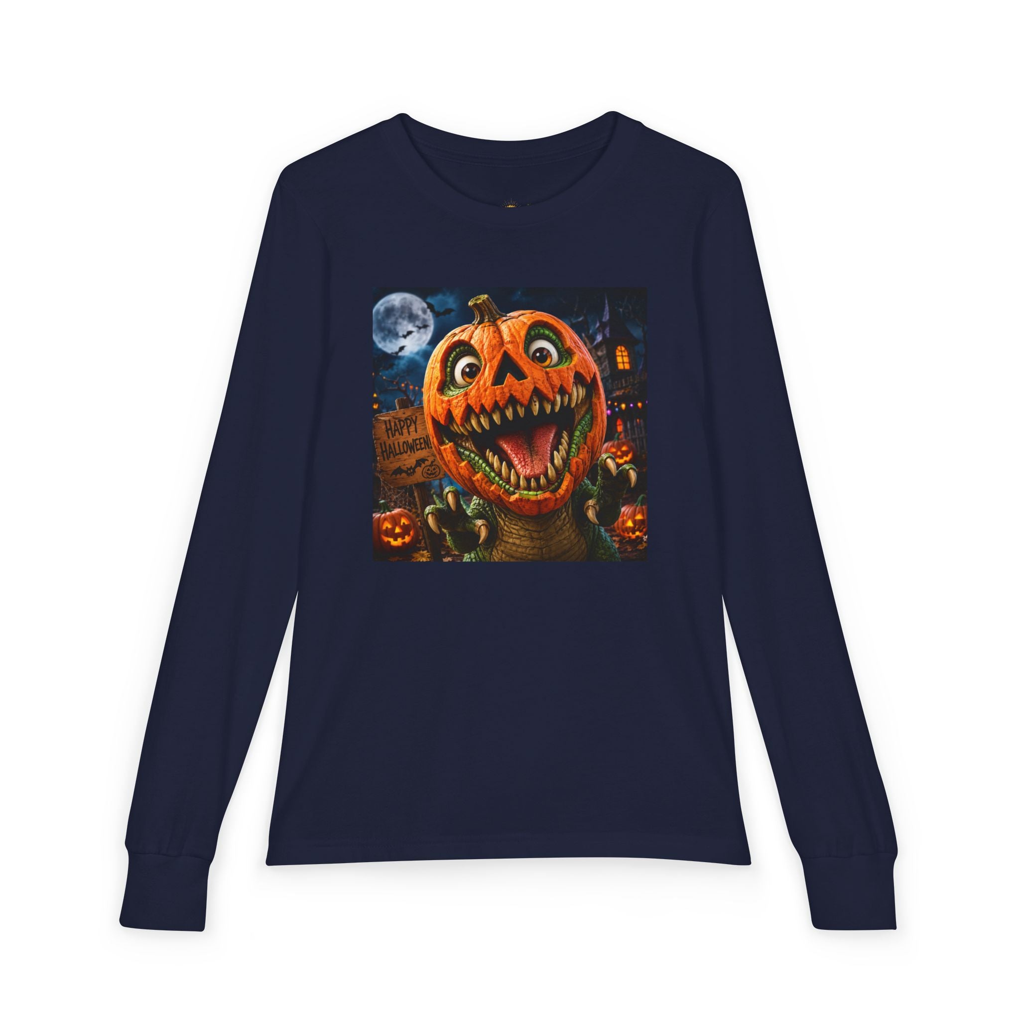 Youth Long Sleeve Tee — Spooky Dinosaur Jack-O'-Lantern Halloween Shirt (Custom Name)