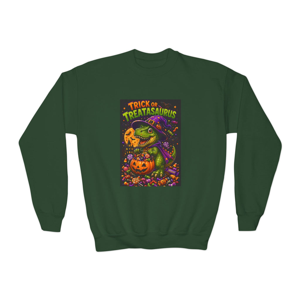 Youth Halloween Sweatshirt — "Trick or Treatasaurus" Dino Pumpkin Crewneck