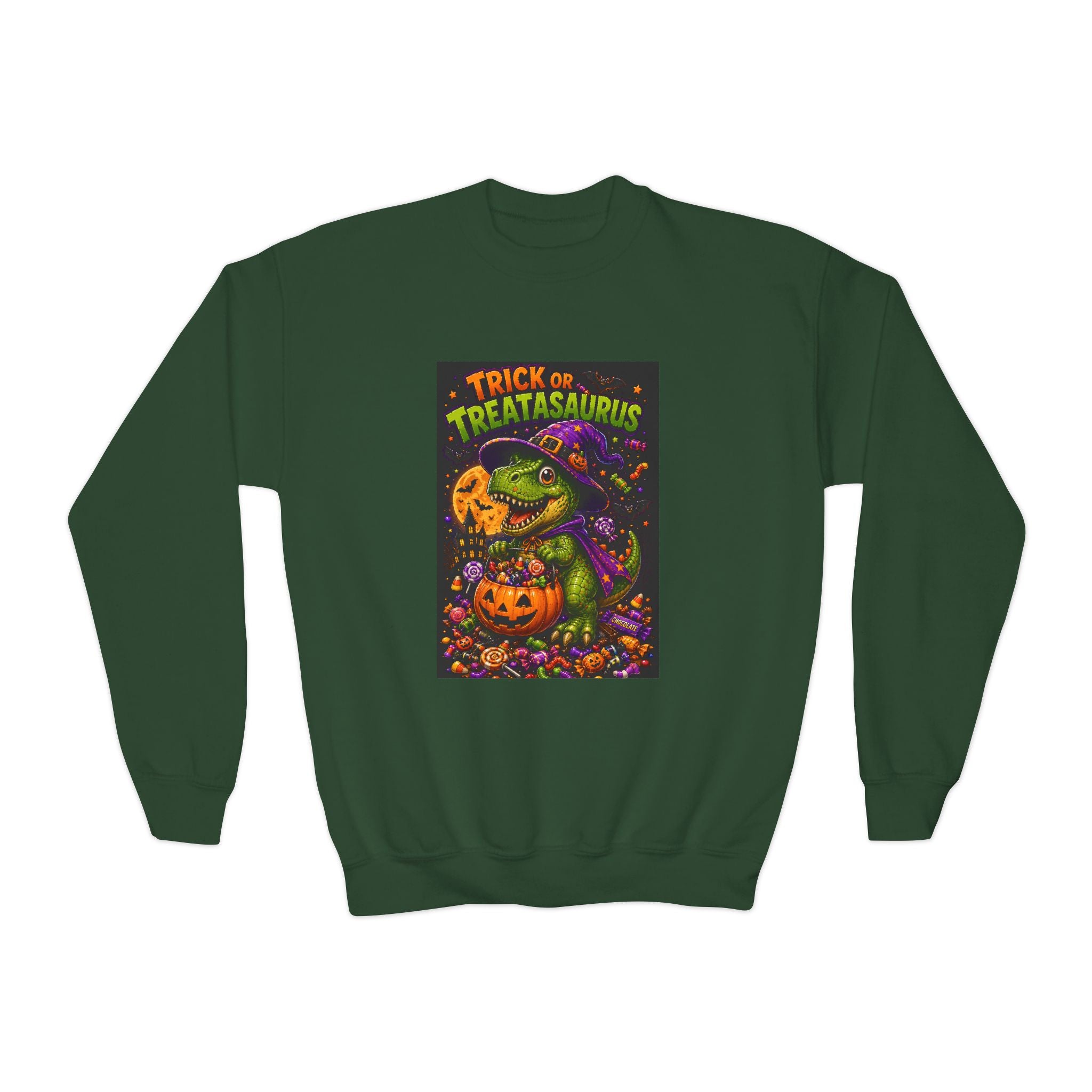 Youth Halloween Sweatshirt — "Trick or Treatasaurus" Dino Pumpkin Crewneck