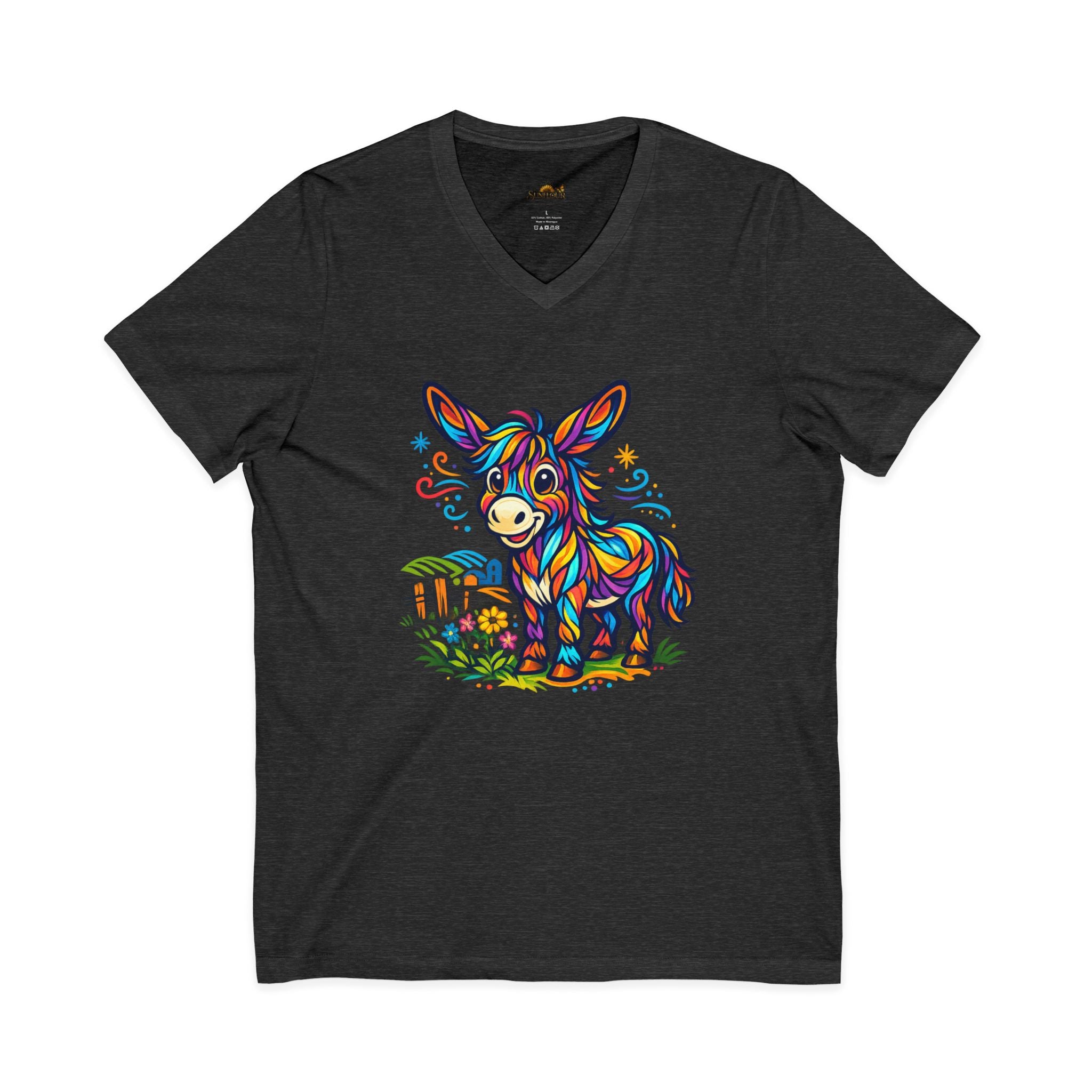 Colorful Donkey V-Neck Tee — Whimsical Farm Animal Graphic Shirt