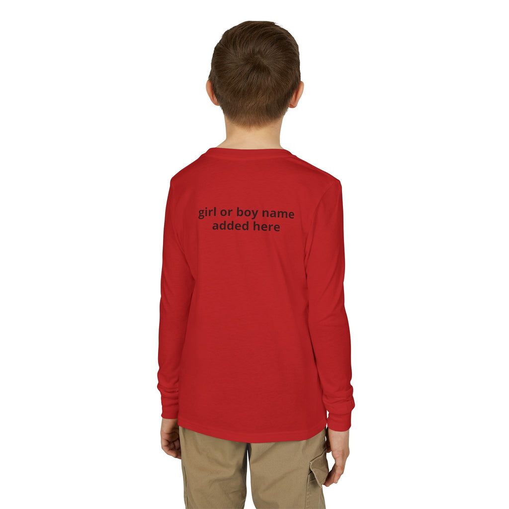 Youth Long Sleeve Tee — Spooky Dinosaur Jack-O'-Lantern Halloween Shirt (Custom Name)