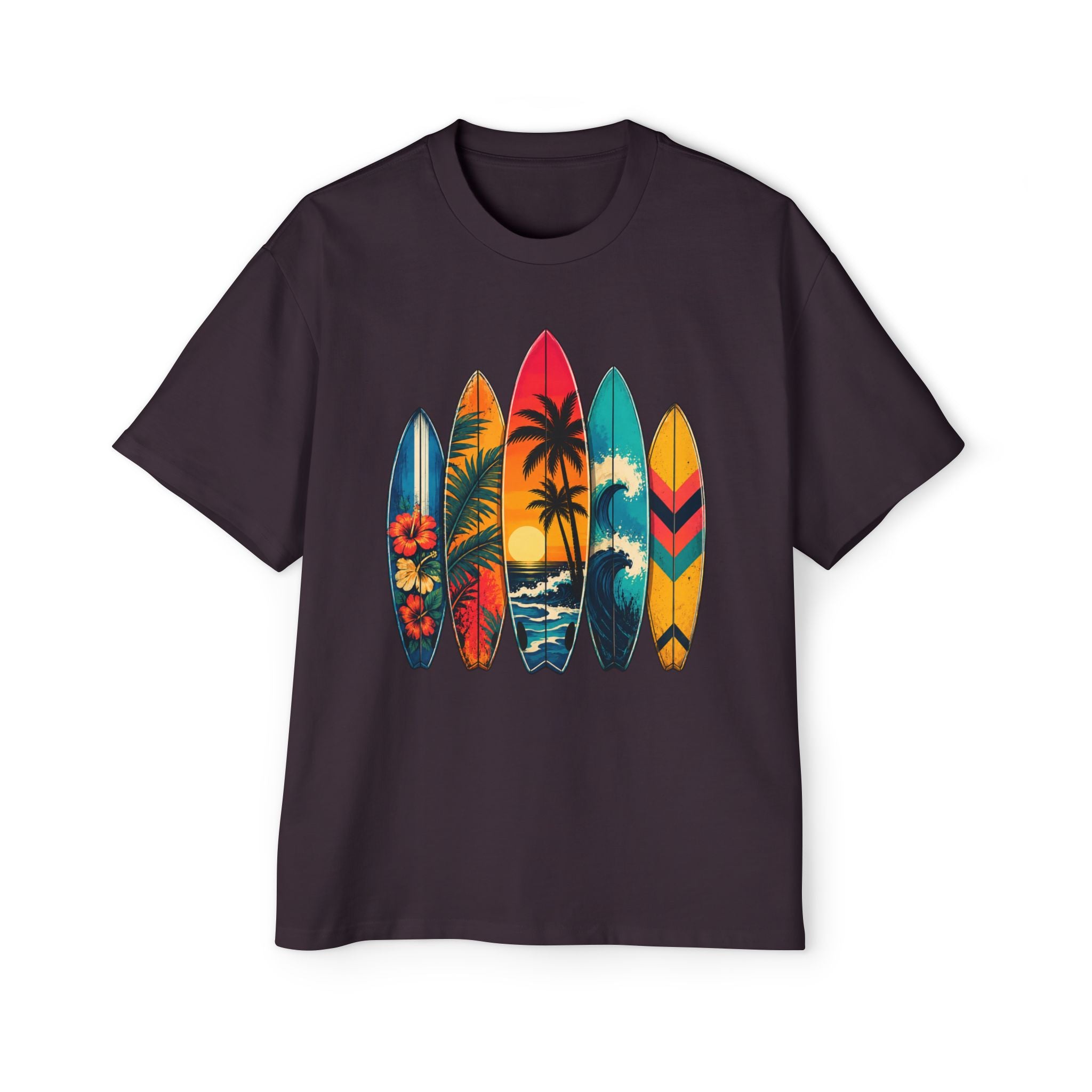 Surfboard Graphic Tee — Vintage Tropical Beach Shirt for Men
