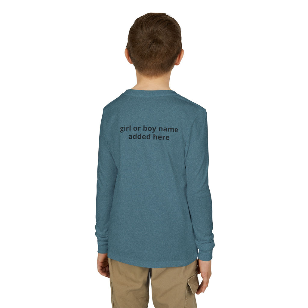 Youth Long Sleeve Tee — Spooky Dinosaur Jack-O'-Lantern Halloween Shirt (Custom Name)