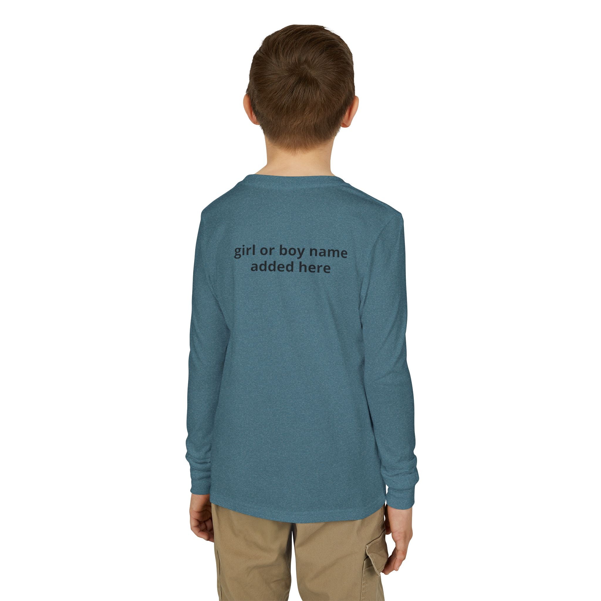 Youth Long Sleeve Tee — Spooky Dinosaur Jack-O'-Lantern Halloween Shirt (Custom Name)