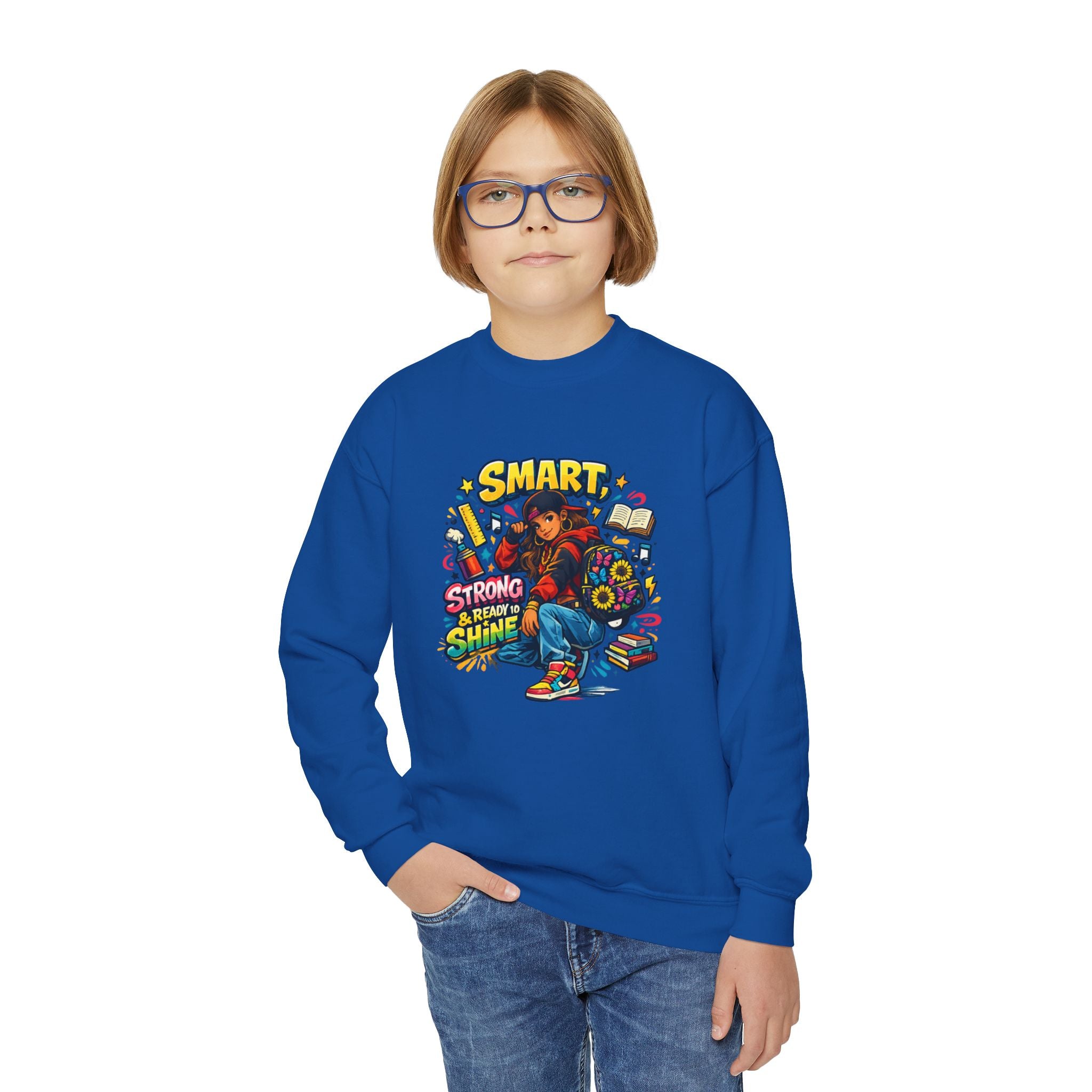 Youth Crewneck Sweatshirt — "Smart, Strong & Brave" Colorful Skateboard Graphic