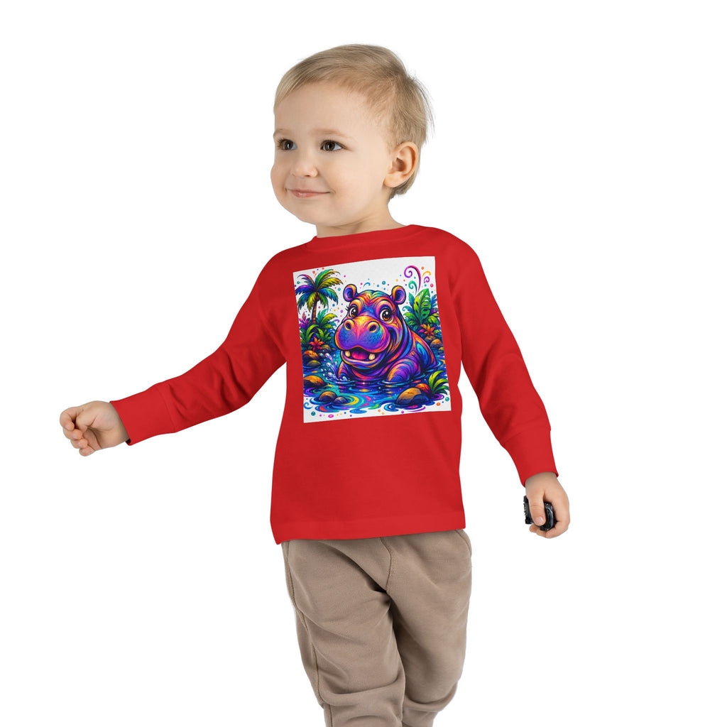 Colorful Hippo Toddler Long Sleeve Tee — Vibrant Jungle Animal Shirt for Kids