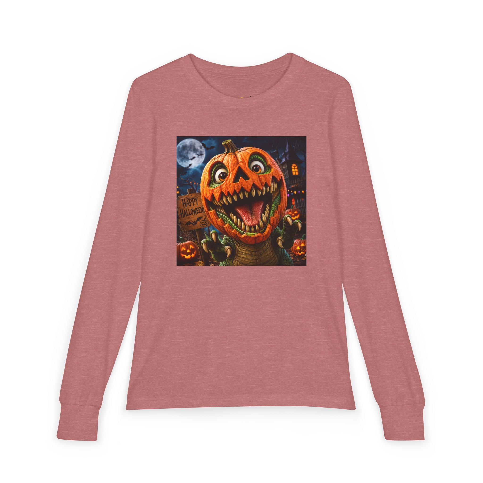 Youth Long Sleeve Tee — Spooky Dinosaur Jack-O'-Lantern Halloween Shirt (Custom Name)