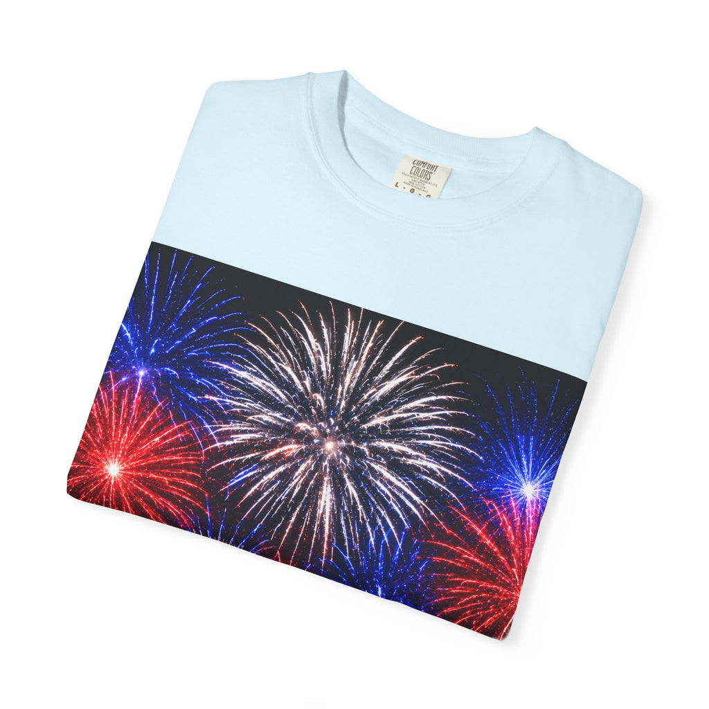 Fireworks Celebration T-Shirt — Red, White & Blue Festival Graphic