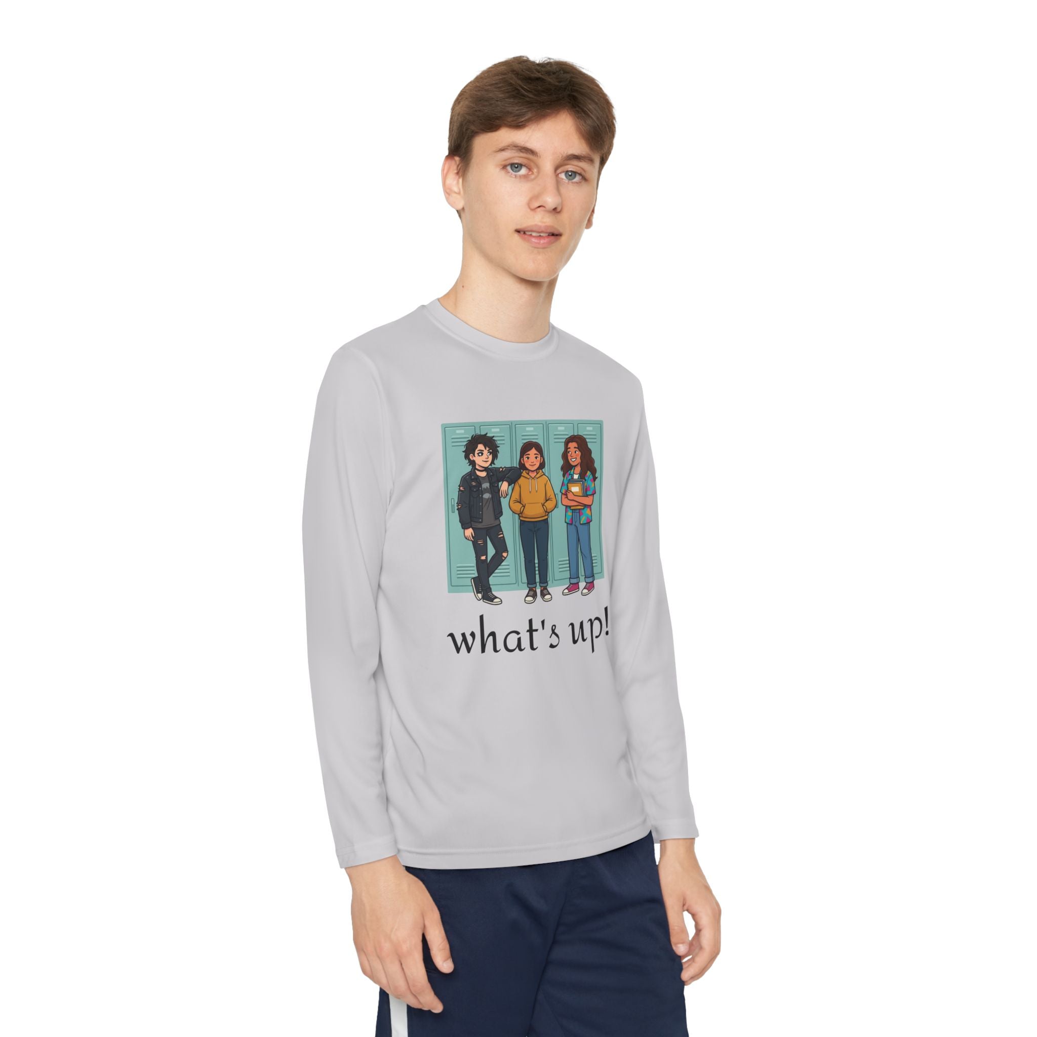 Youth Long Sleeve Tee — "what's up!" Illustrated Friends Graphic