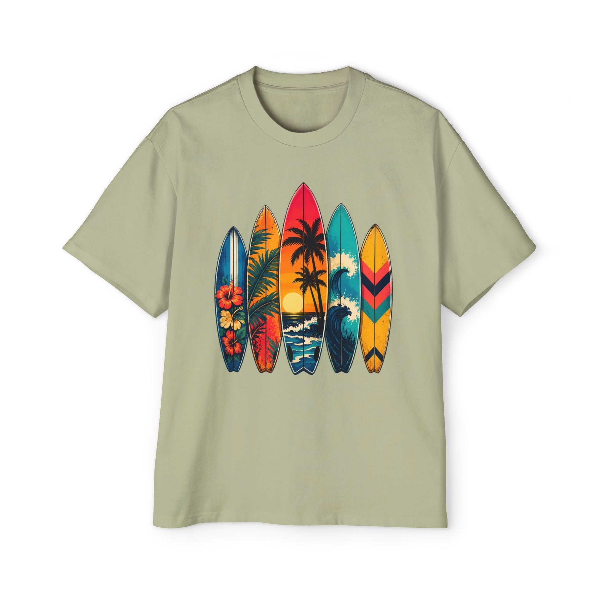 Surfboard Graphic Tee — Vintage Tropical Beach Shirt for Men