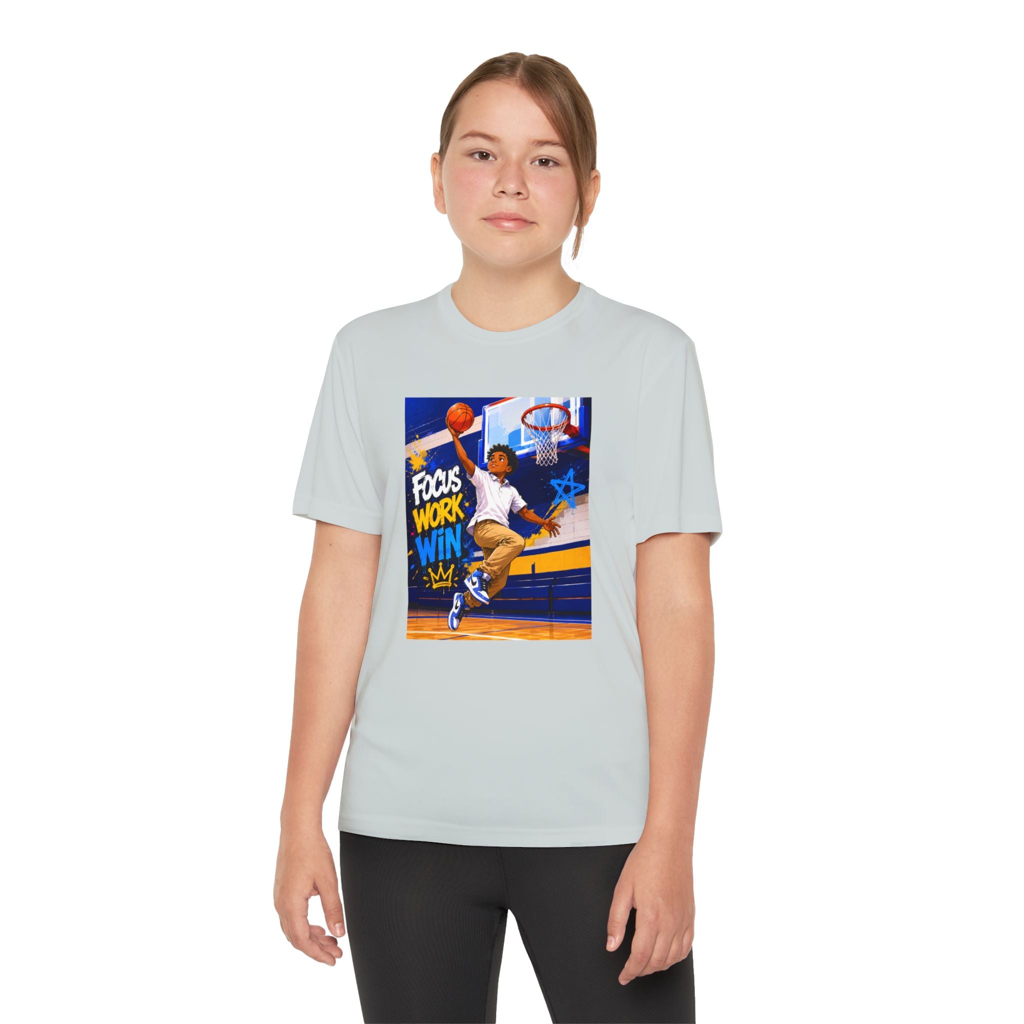 Youth Basketball Tee, Back to School — "Focus Work Win" Personalized Name Jersey