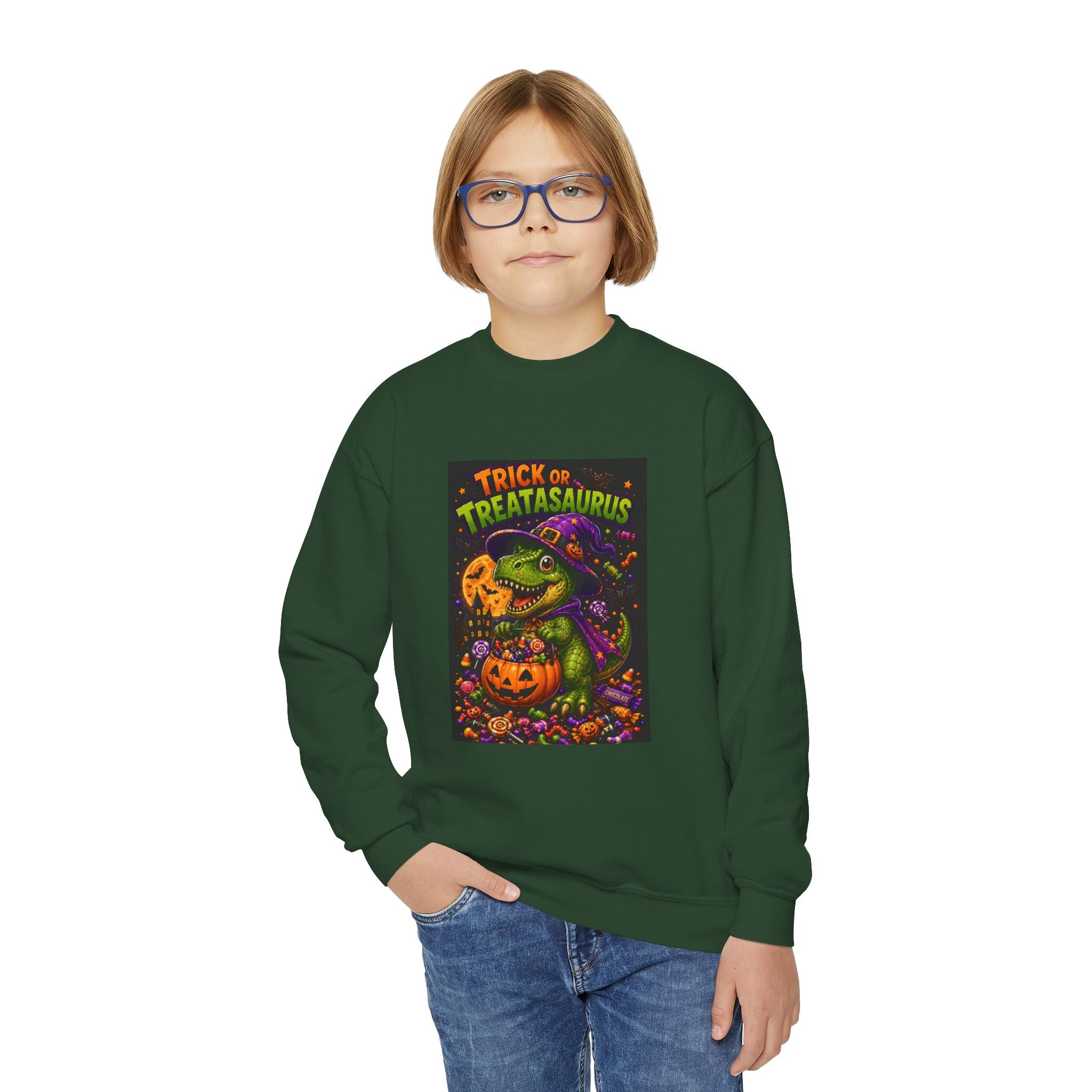 Youth Halloween Sweatshirt — "Trick or Treatasaurus" Dino Pumpkin Crewneck