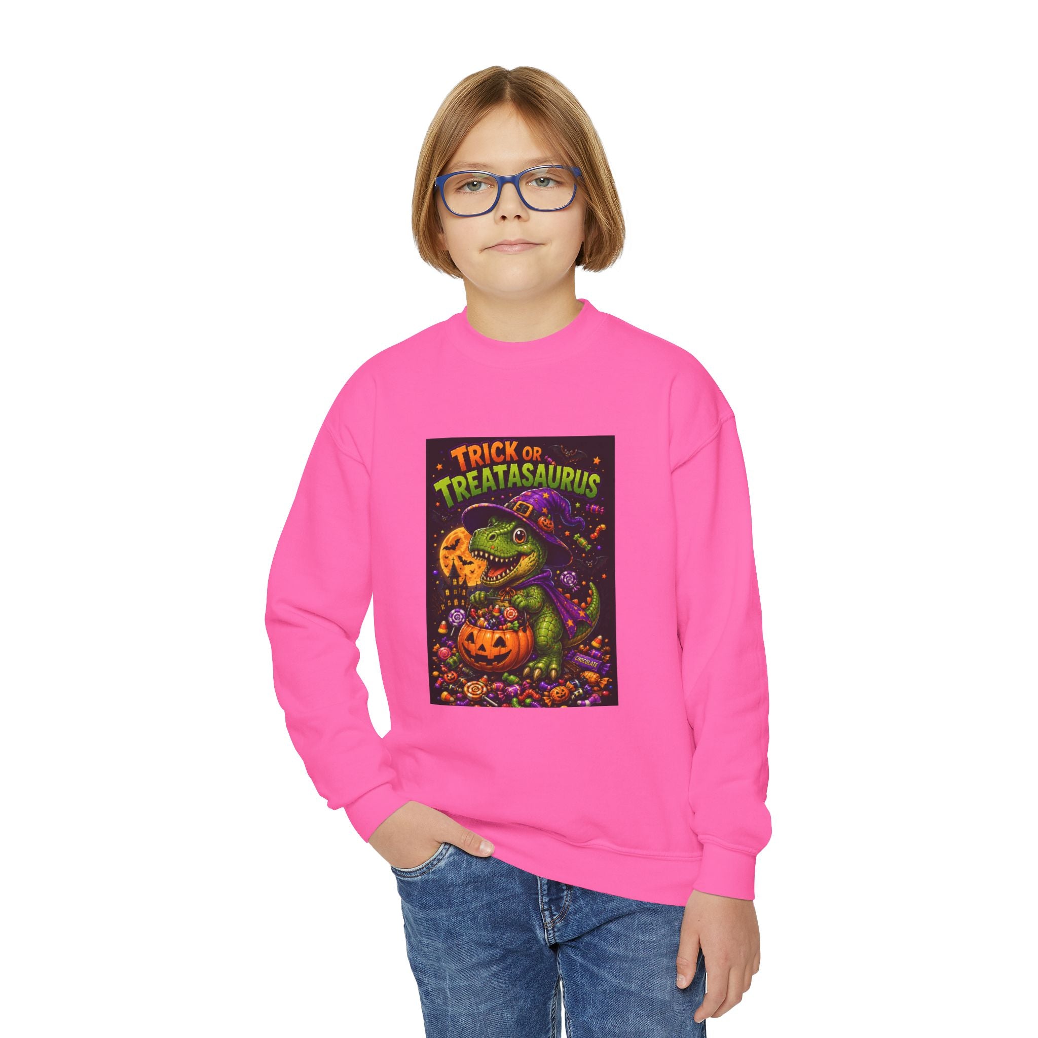 Youth Halloween Sweatshirt — "Trick or Treatasaurus" Dino Pumpkin Crewneck