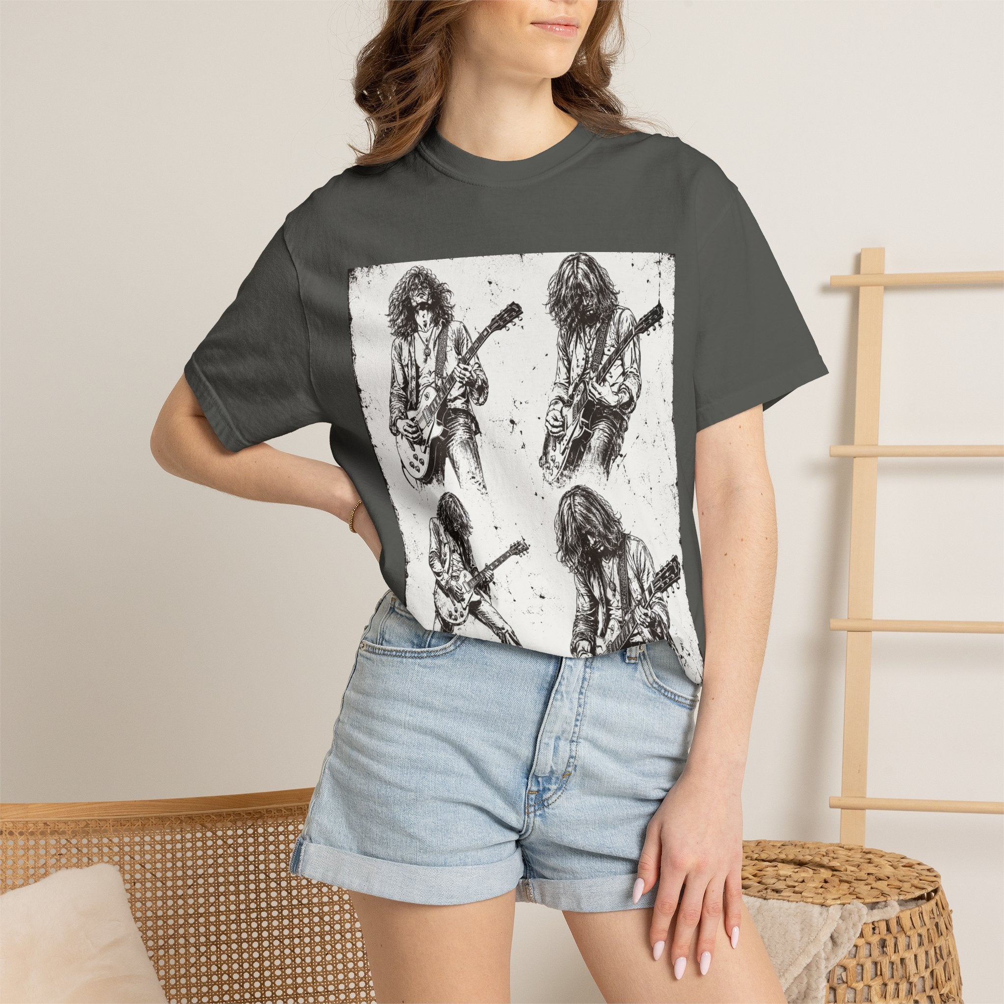 Vintage Rock Guitar T-Shirt — Grunge Band Photo & Les Paul Back Print