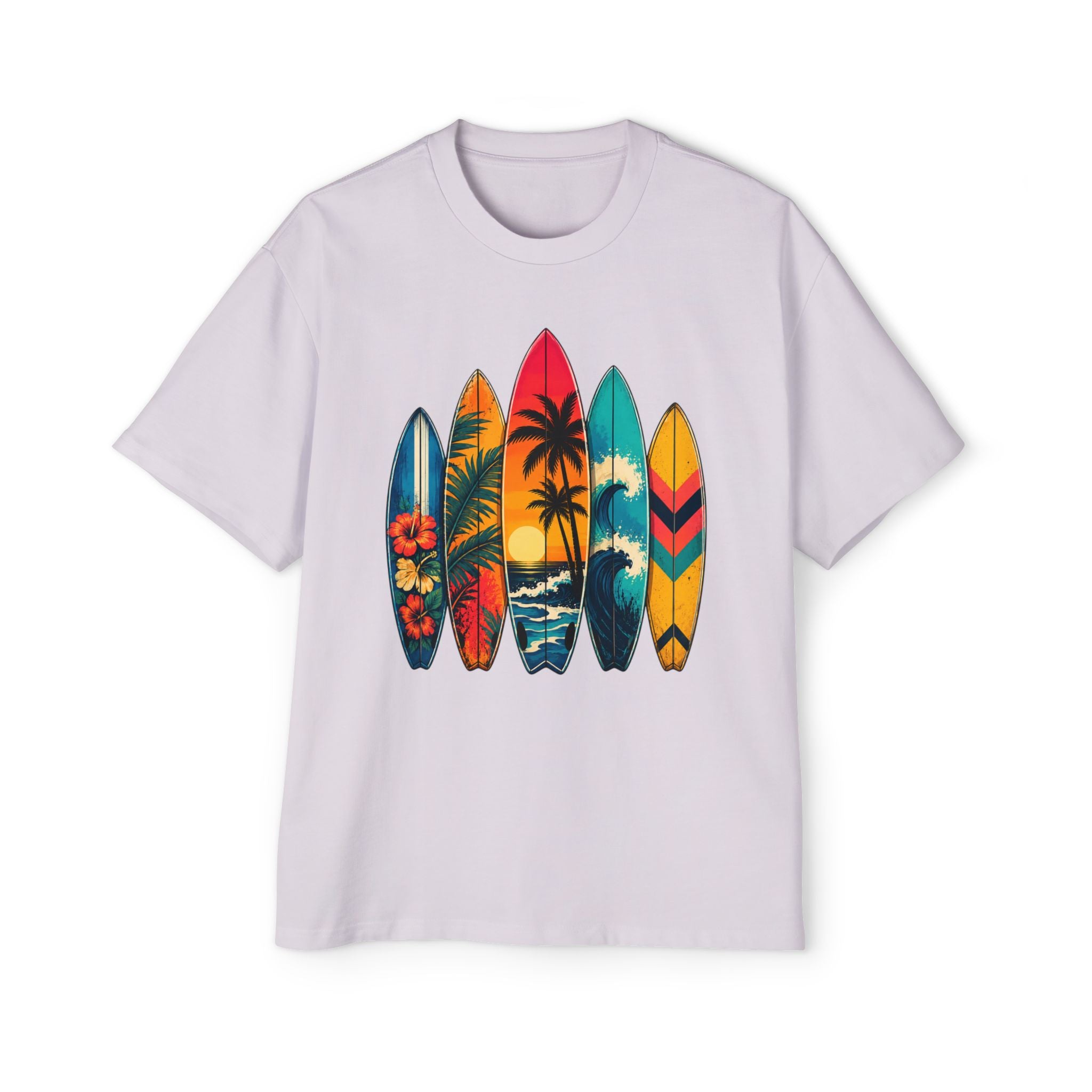 Surfboard Graphic Tee — Vintage Tropical Beach Shirt for Men