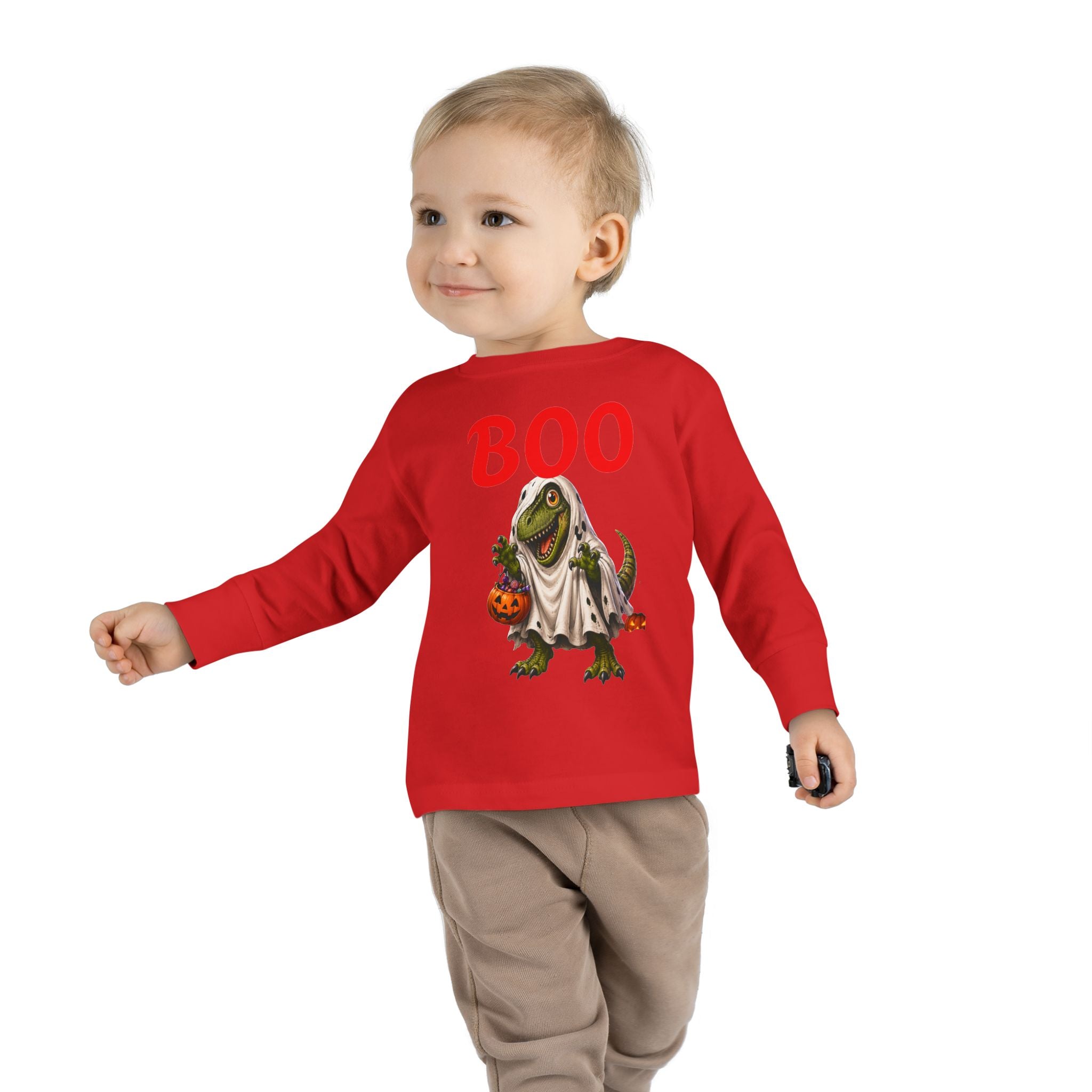 Halloween Toddler Long Sleeve Tee — Cute Dinosaur Ghost "BOO!" Halloween Shirt