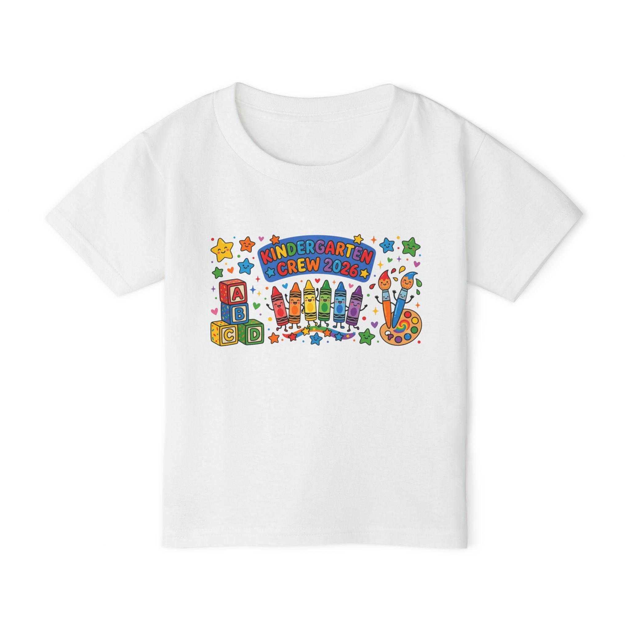 Toddler T-Shirt — "Kindergarten Crew 2026" Colorful Crayons & Blocks Back-to-School Tee