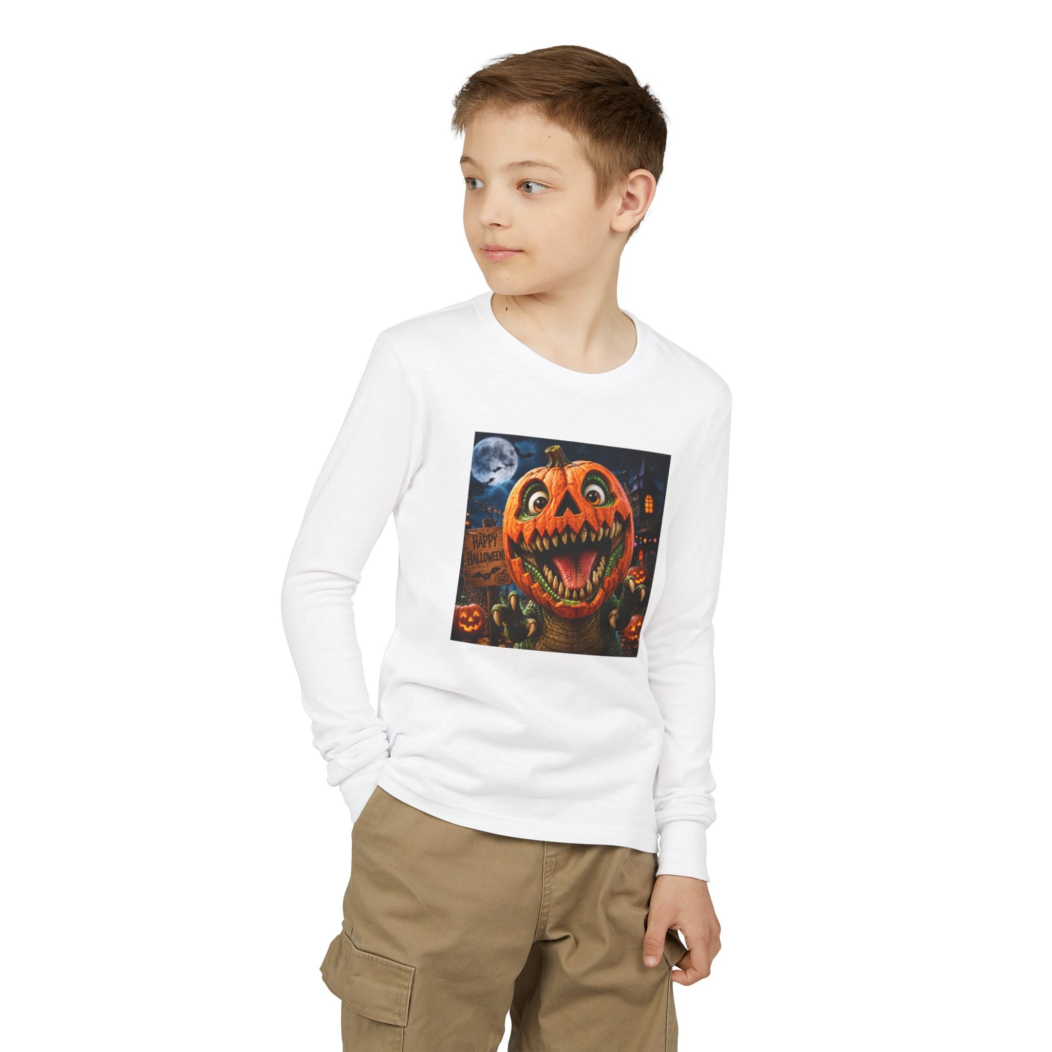 Youth Long Sleeve Tee — Spooky Dinosaur Jack-O'-Lantern Halloween Shirt (Custom Name)