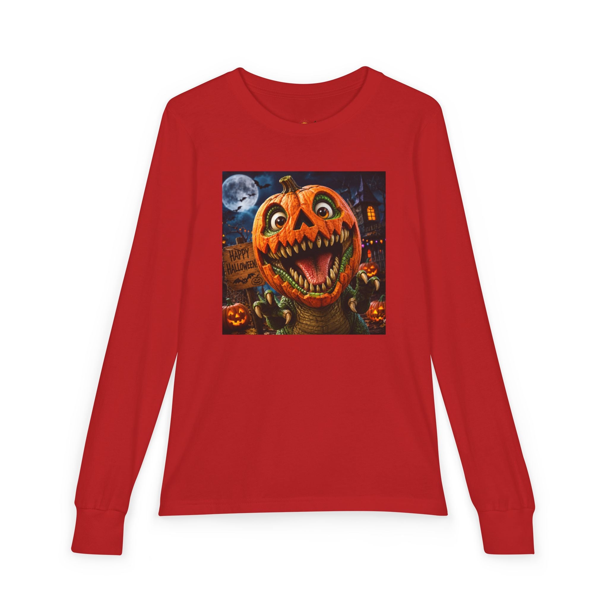 Youth Long Sleeve Tee — Spooky Dinosaur Jack-O'-Lantern Halloween Shirt (Custom Name)