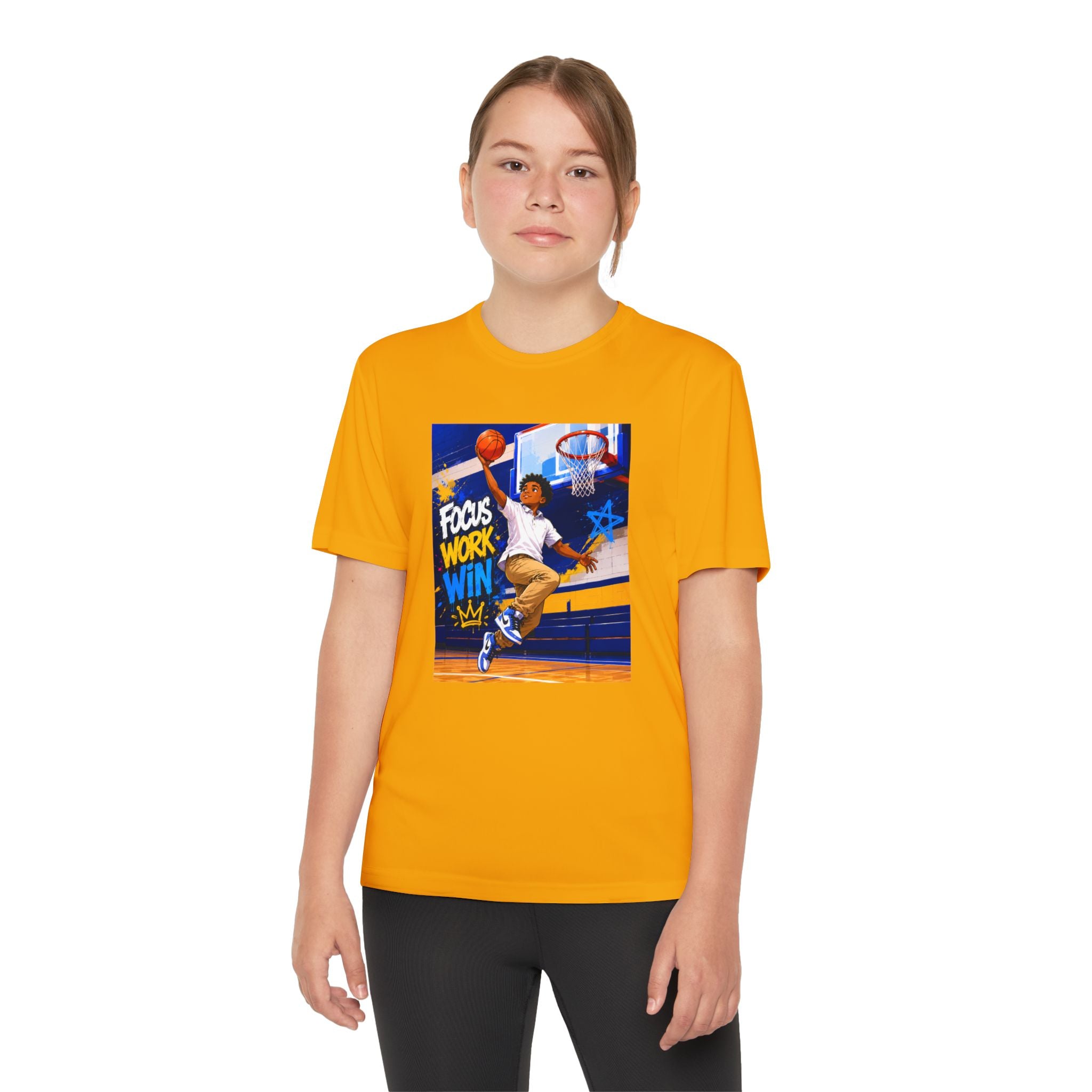Youth Basketball Tee, Back to School — "Focus Work Win" Personalized Name Jersey