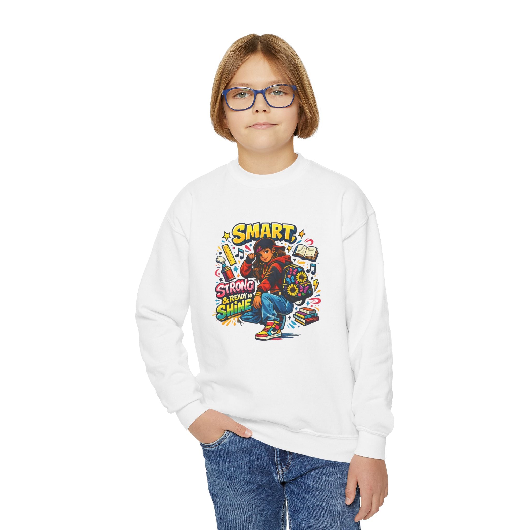Youth Crewneck Sweatshirt — "Smart, Strong & Brave" Colorful Skateboard Graphic