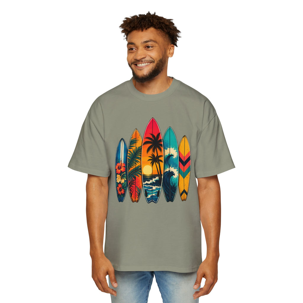 Surfboard Graphic Tee — Vintage Tropical Beach Shirt for Men