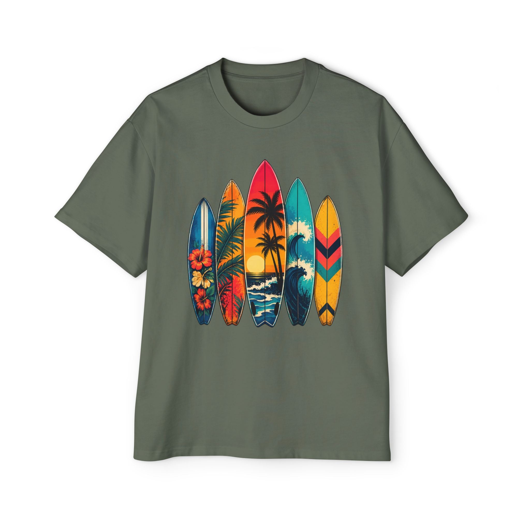 Surfboard Graphic Tee — Vintage Tropical Beach Shirt for Men